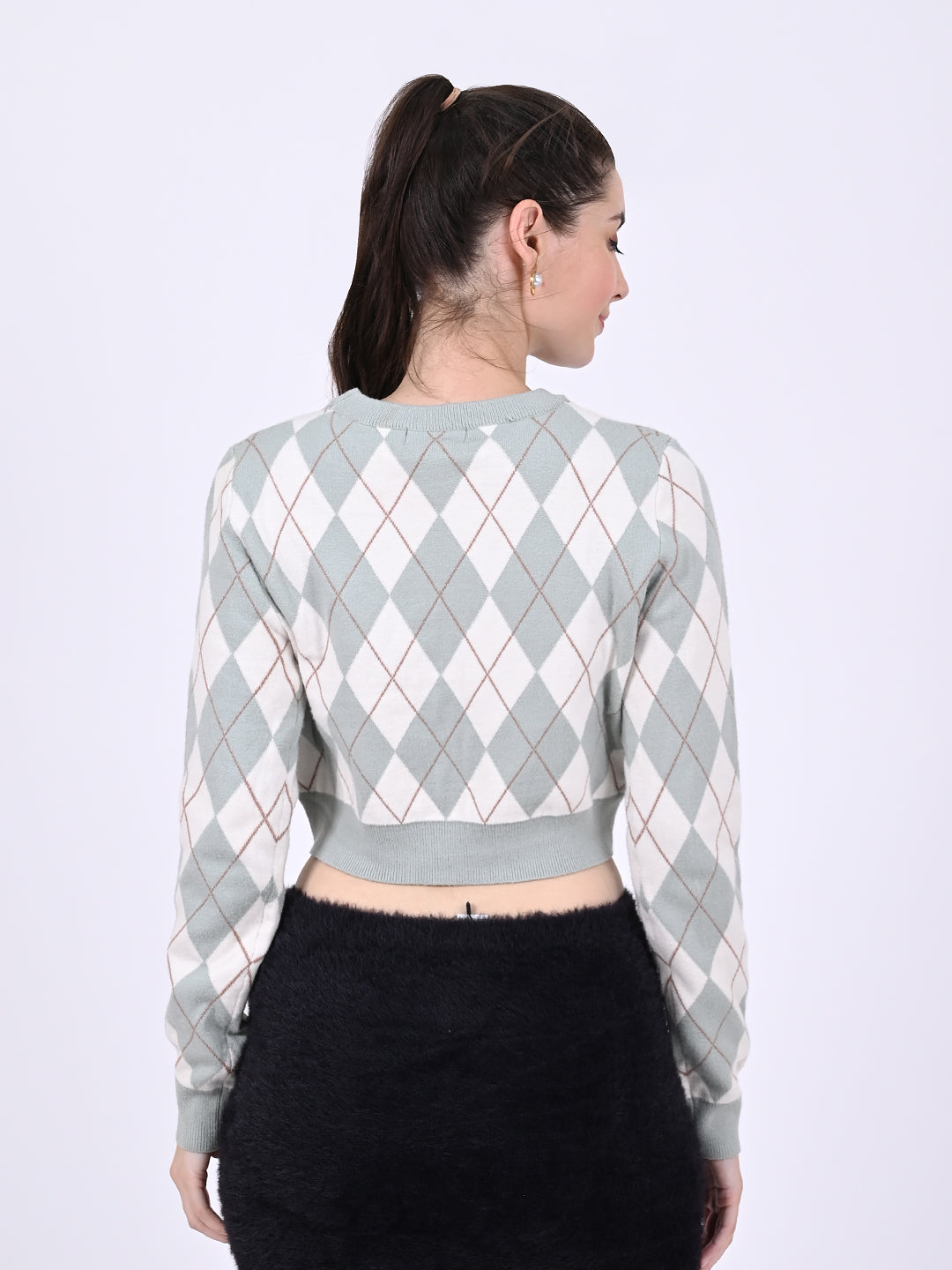 Round Neck with Full Sleeve Crop Checkered Crop Light Green Sweater