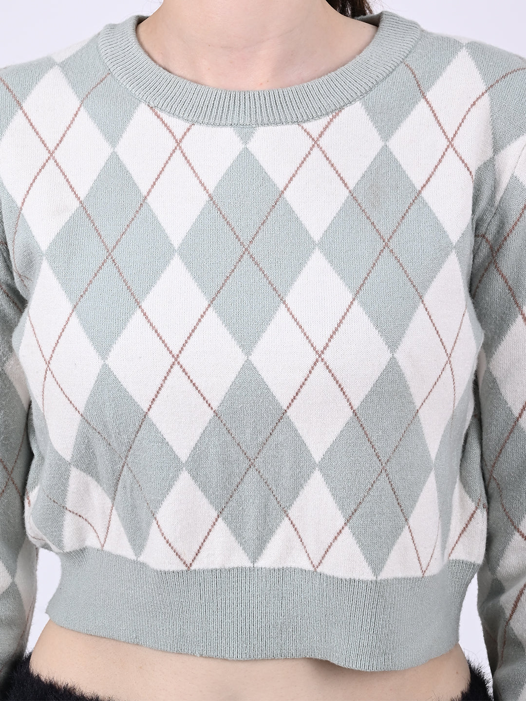 Round Neck with Full Sleeve Crop Checkered Crop Light Green Sweater