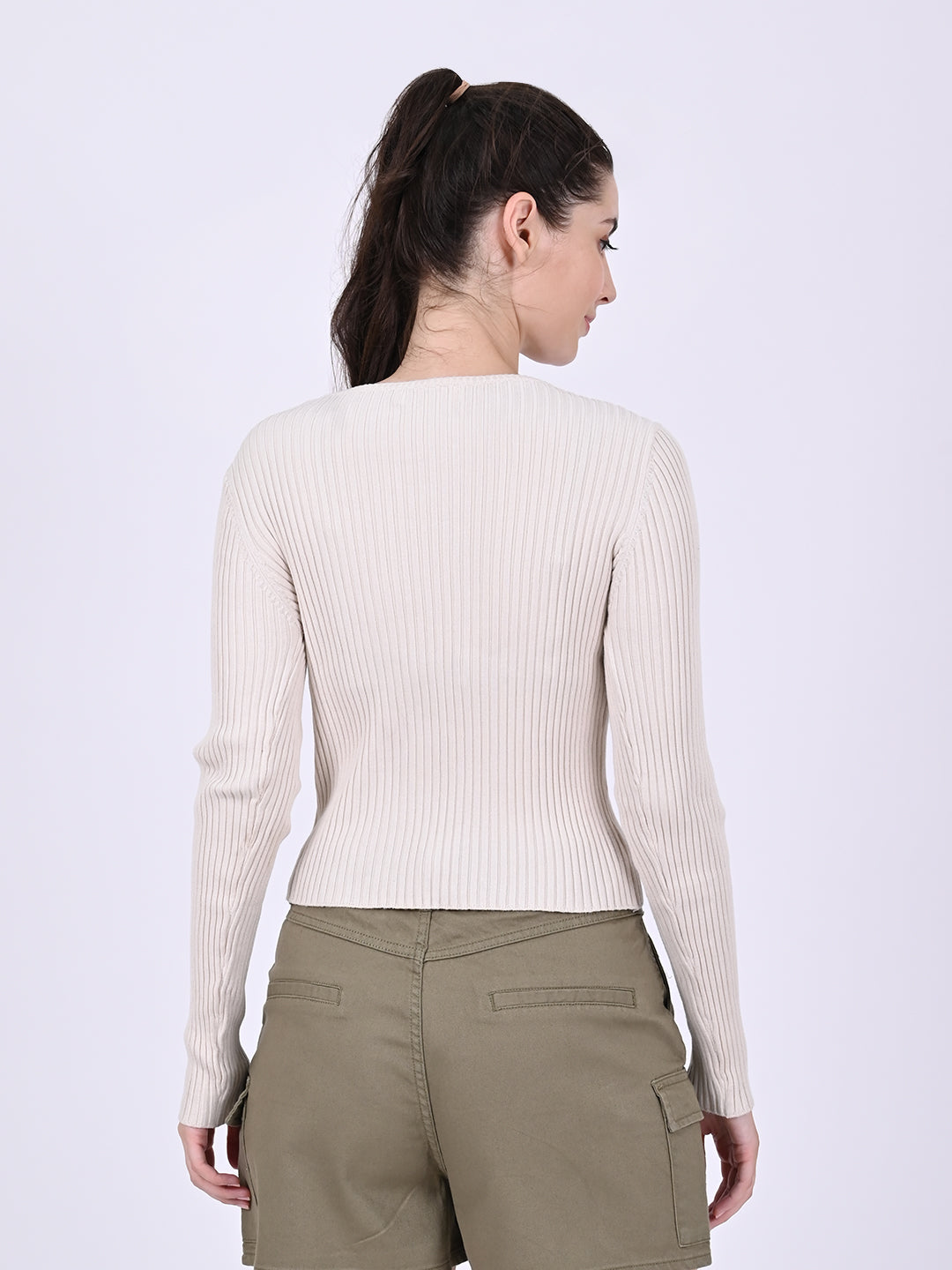Viscose Round Neck with Full Sleeve stretchable Fitted Ribbed Cream Top