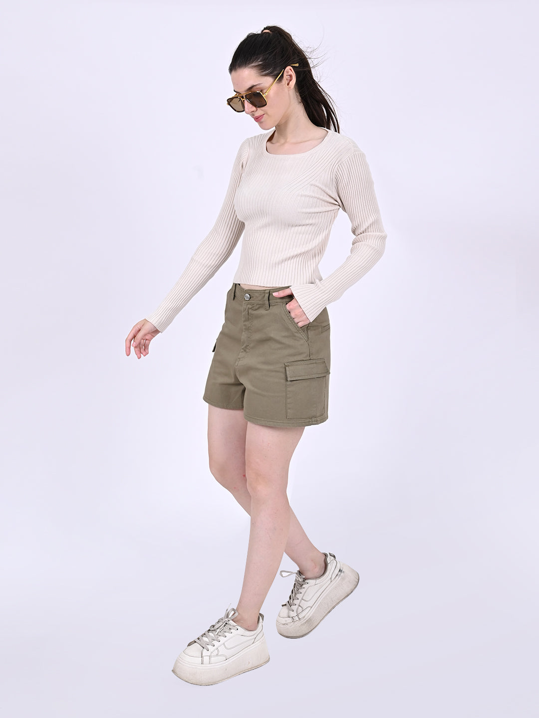 Viscose Round Neck with Full Sleeve stretchable Fitted Ribbed Cream Top