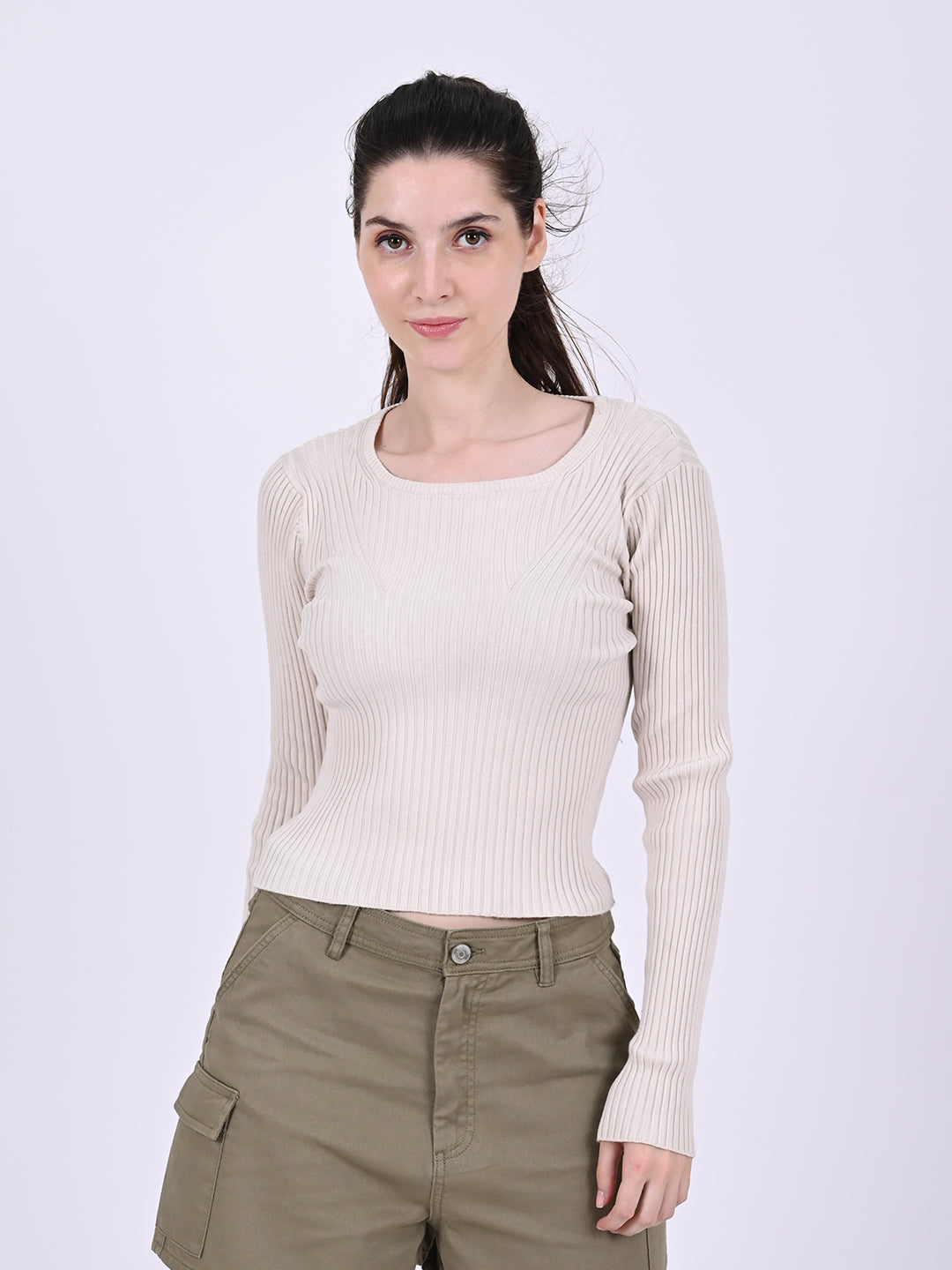 Viscose Round Neck with Full Sleeve stretchable Fitted Ribbed Cream Top