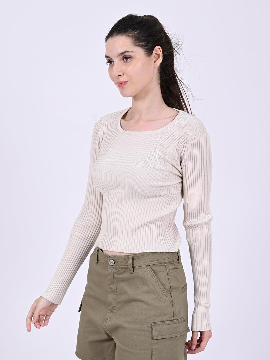 Viscose Round Neck with Full Sleeve stretchable Fitted Ribbed Cream Top
