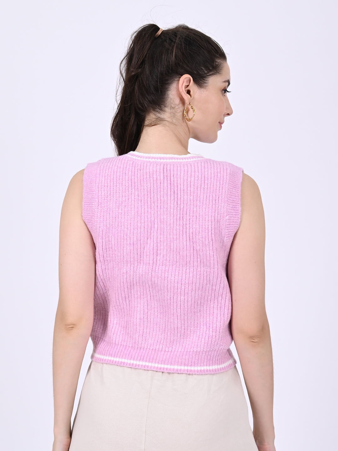 V-neck with sleeveless acrylic Pink vest sweater
