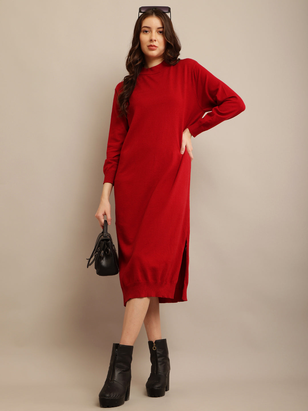 Viscose Full sleeve with High neck Red Straight dress