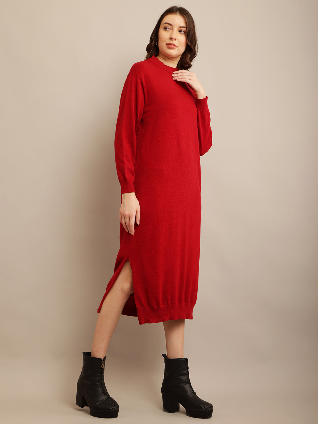 Viscose Full sleeve with High neck Red Straight dress
