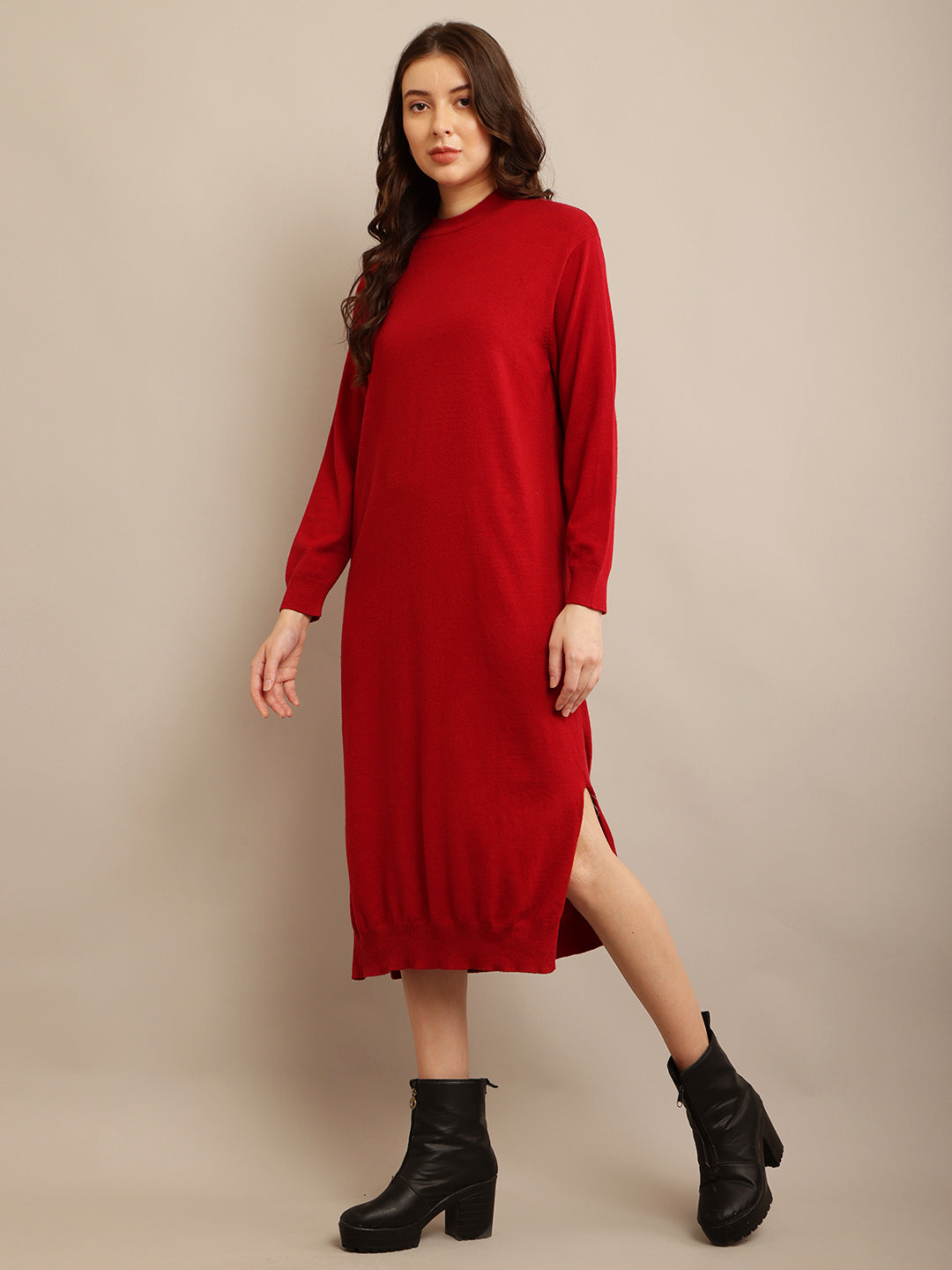 Viscose Full sleeve with High neck Red Straight dress