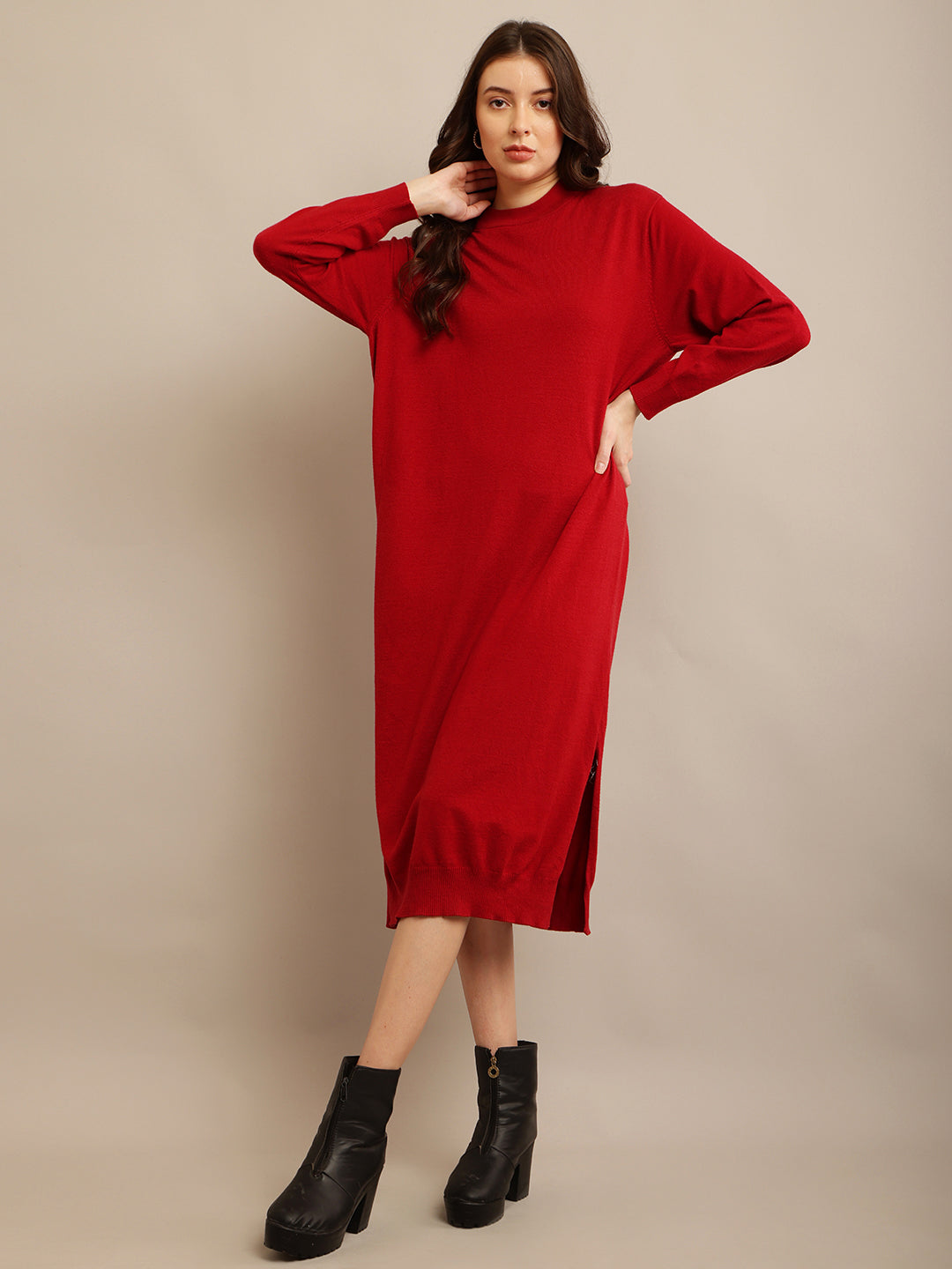 Viscose Full sleeve with High neck Red Straight dress