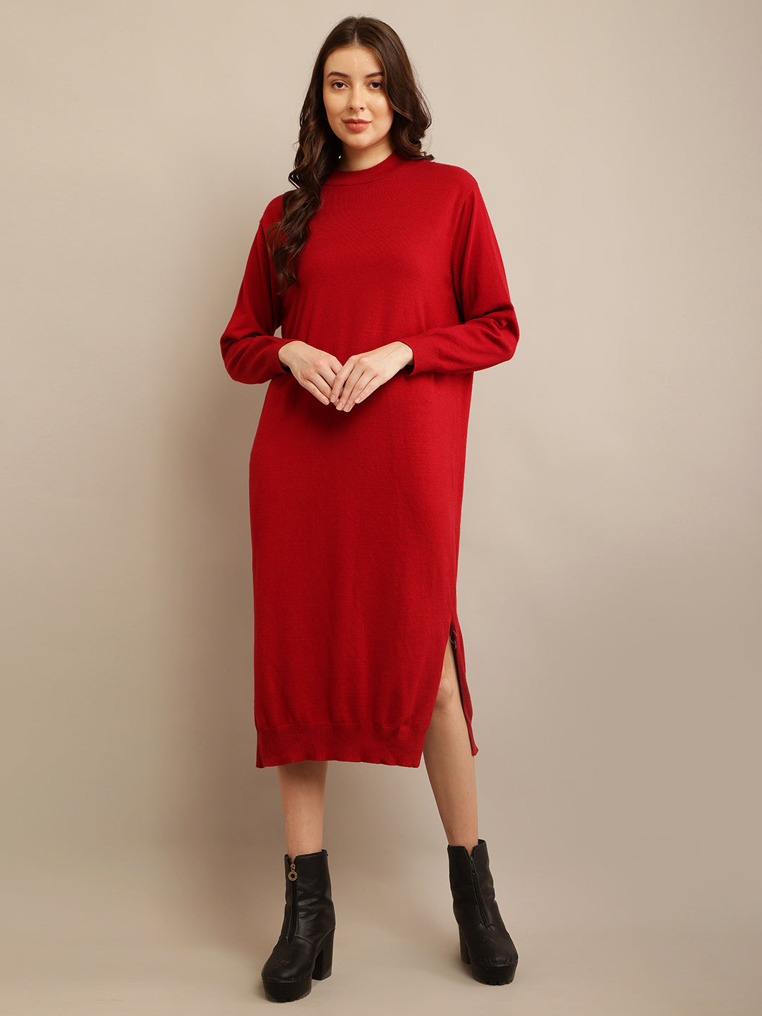 Viscose Full sleeve with High neck Red Straight dress