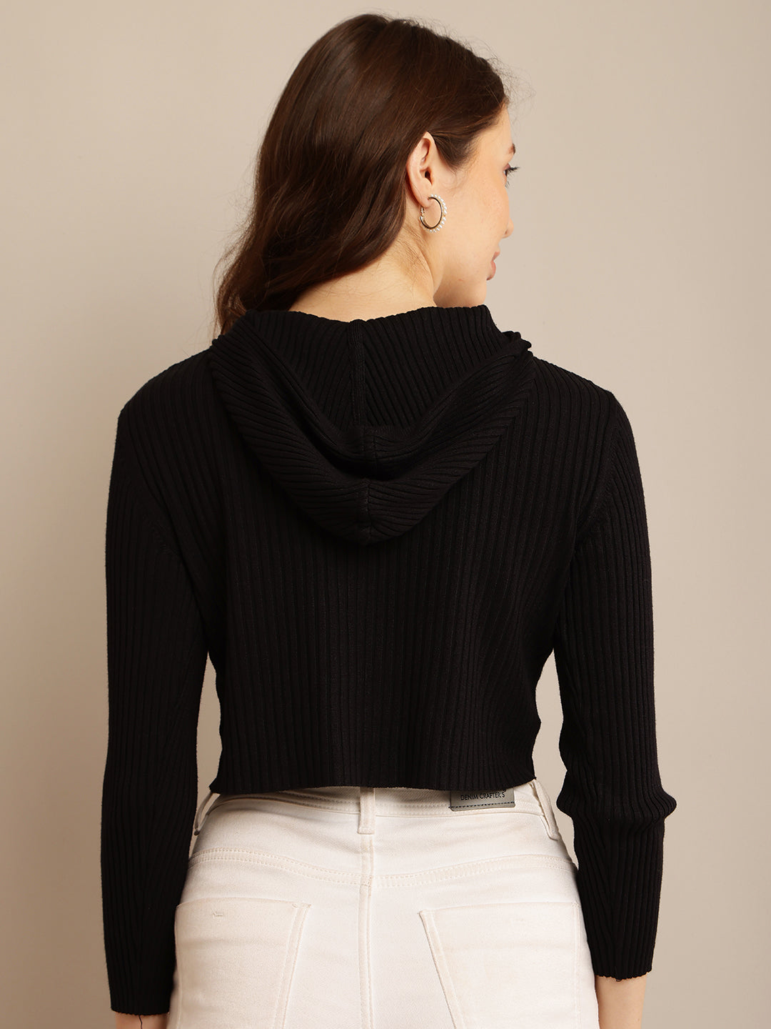 Black Ribbed Hooded Cropped Sweater with Maximum Stretch Cotton