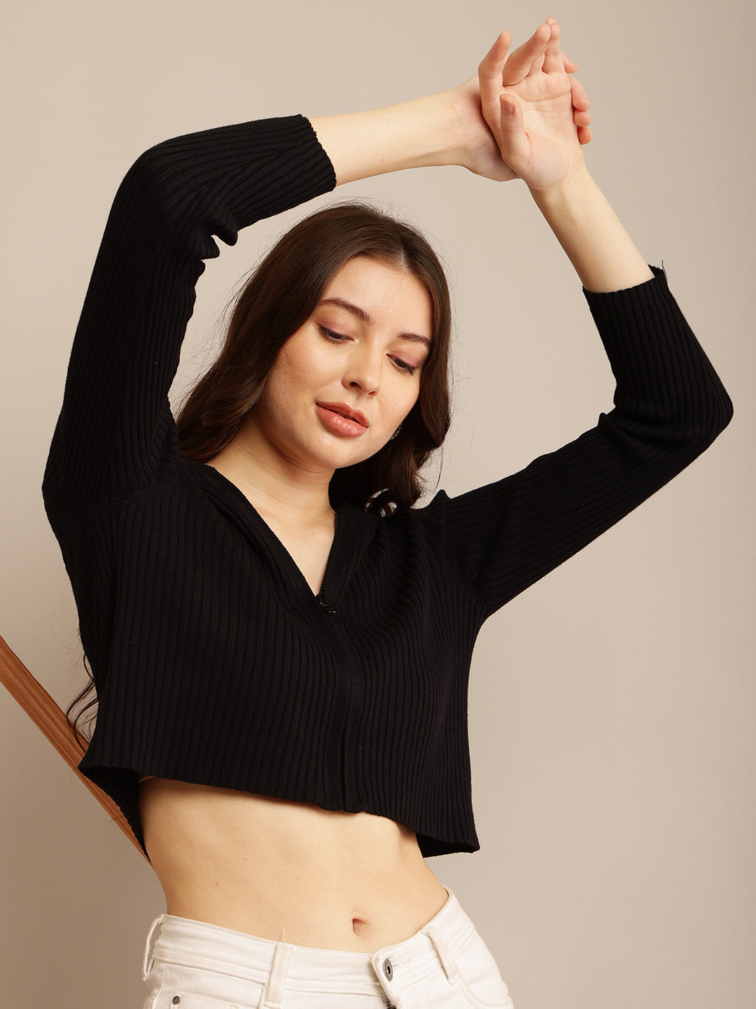 Black Ribbed Hooded Cropped Sweater with Maximum Stretch Cotton