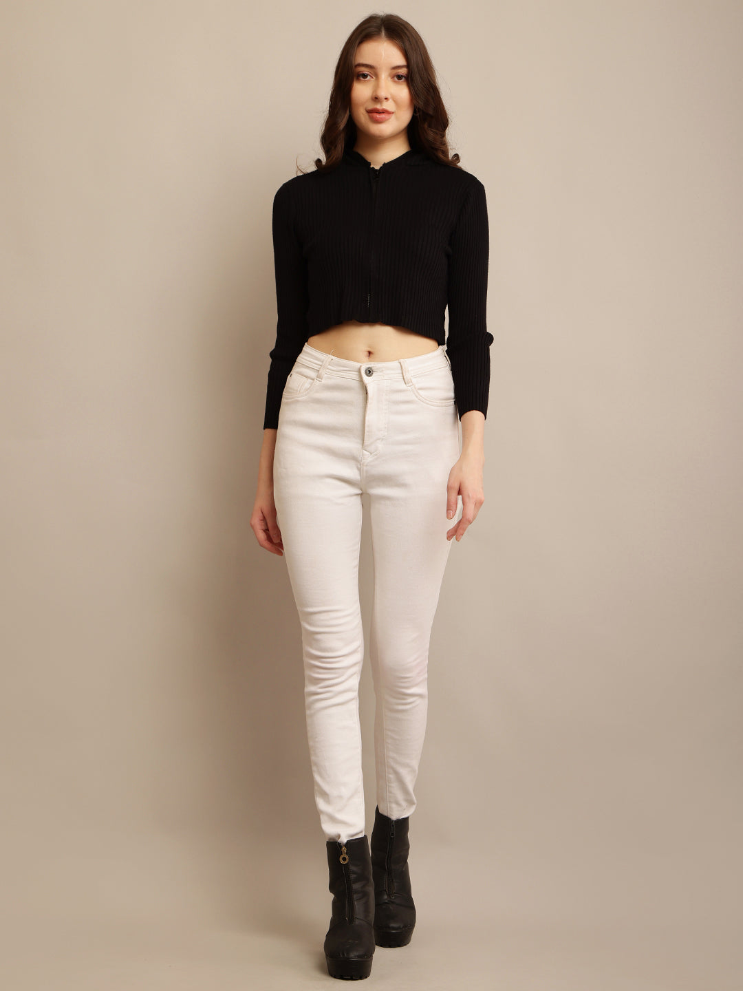 Black Ribbed Hooded Cropped Sweater with Maximum Stretch Cotton
