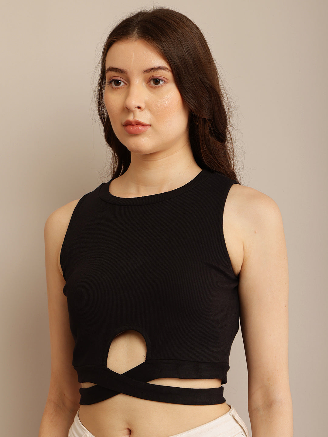 Black Sleeveless Crop Top with Maximum Stretch Cotton and Round Neck for Summer