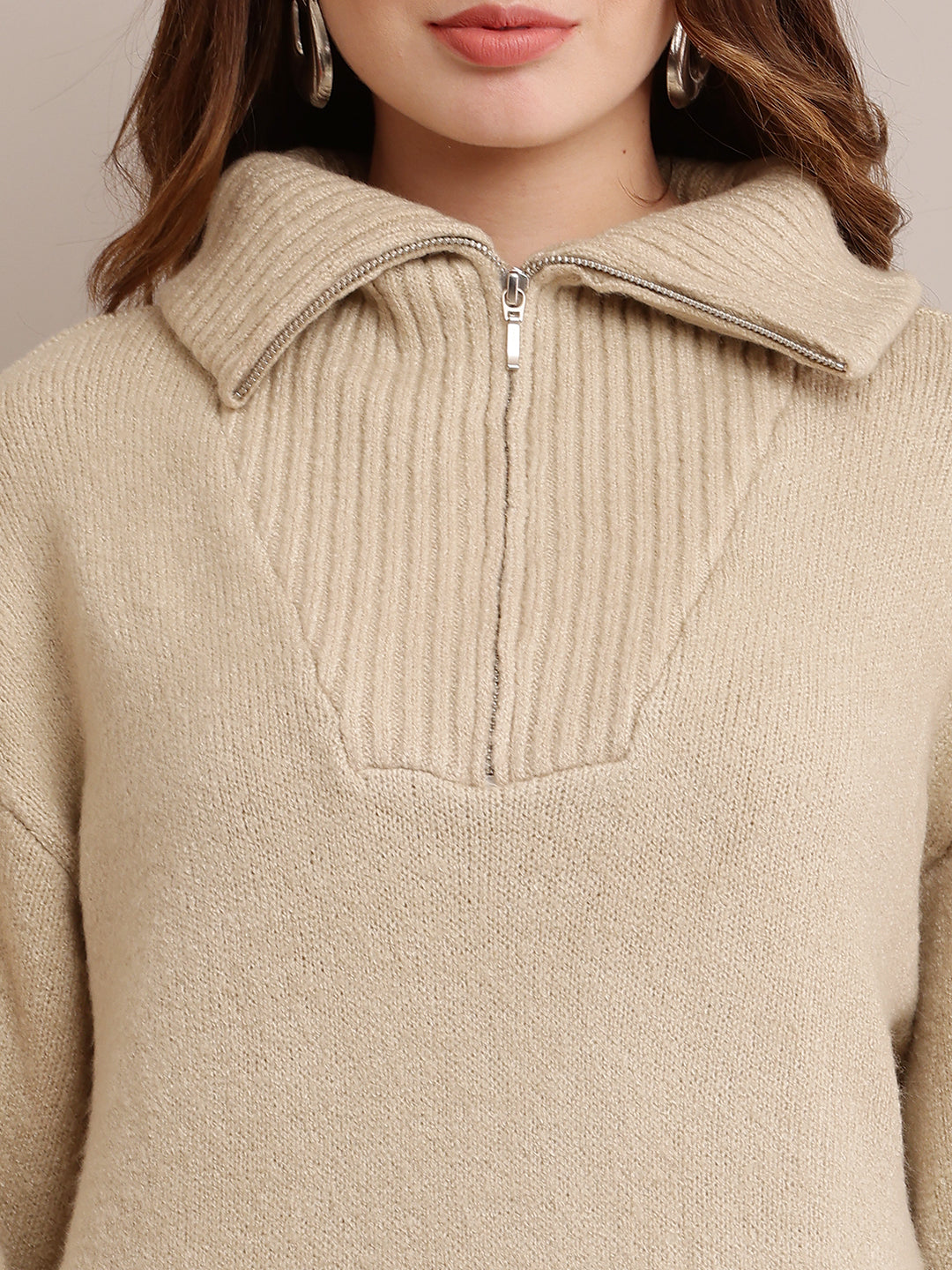 Acrylic shirt Collar Sweater Dress Zip Detail Drop Shoulder Beige