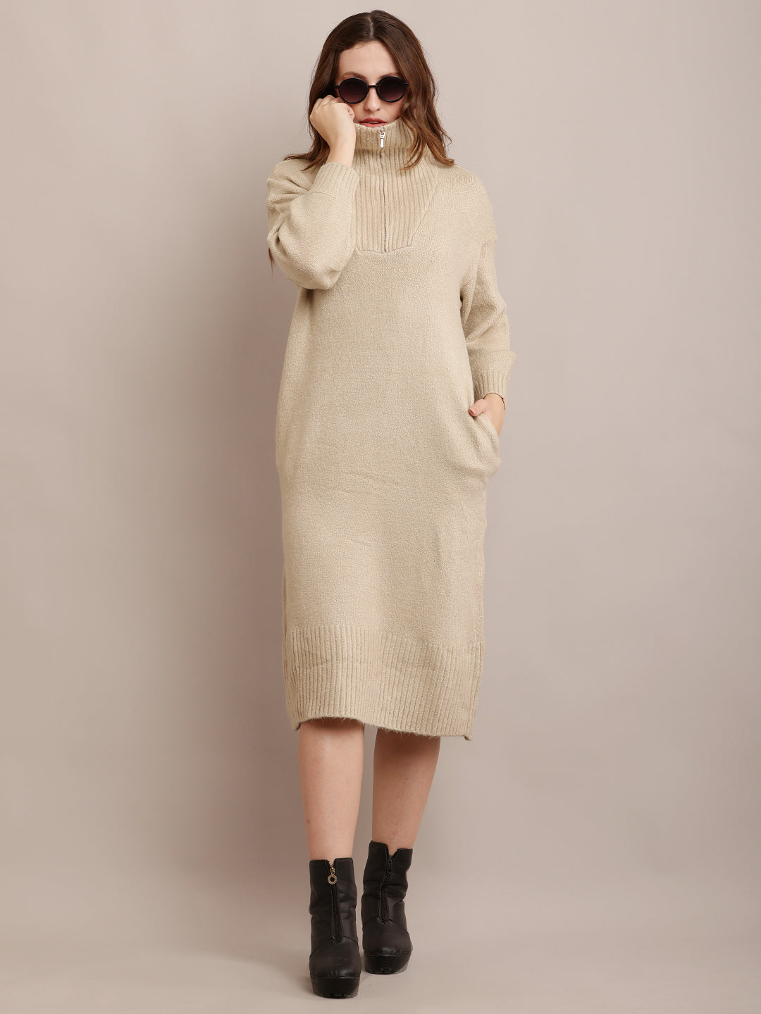 Acrylic shirt Collar Sweater Dress Zip Detail Drop Shoulder Beige