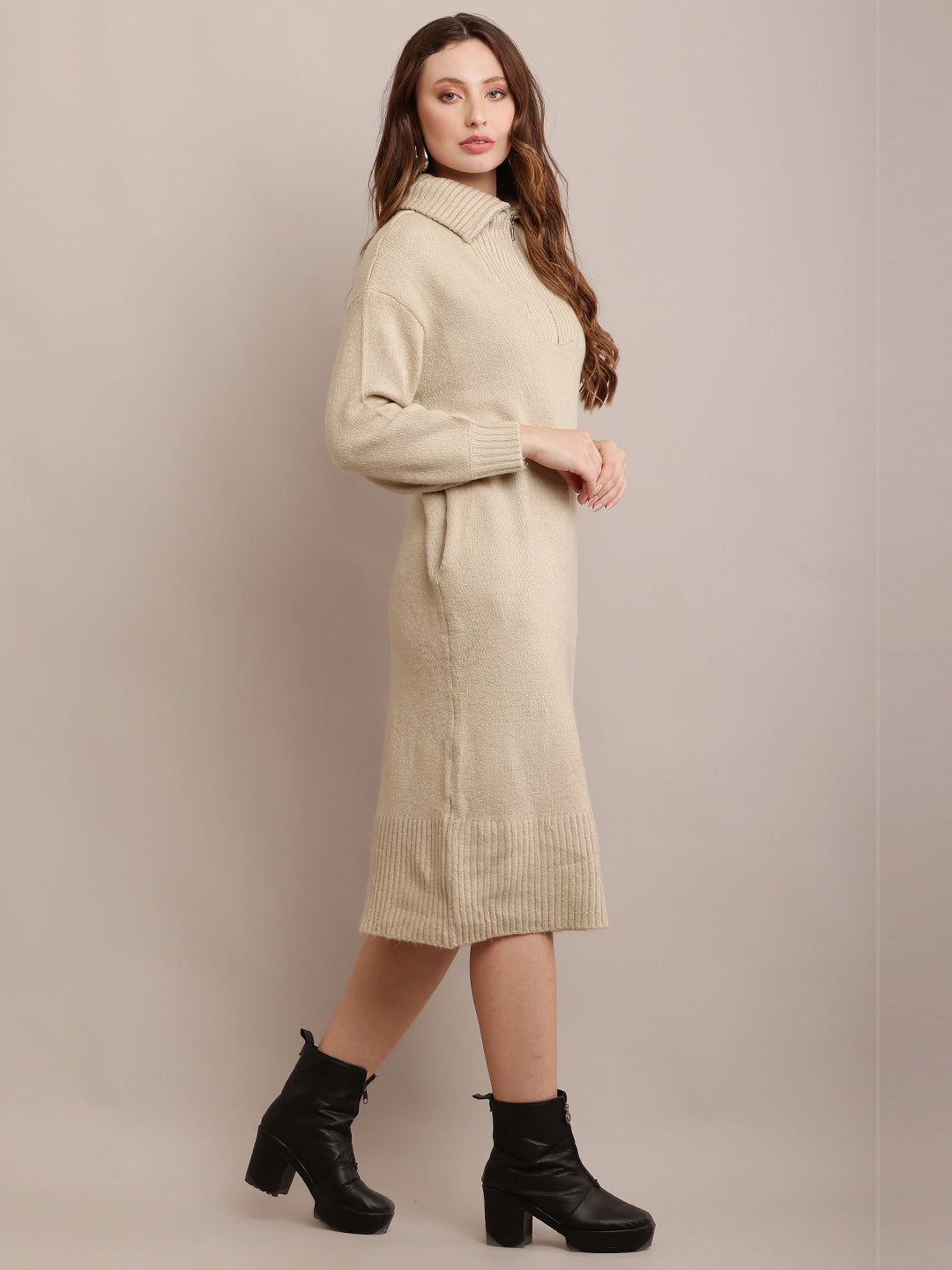 Acrylic shirt Collar Sweater Dress Zip Detail Drop Shoulder Beige
