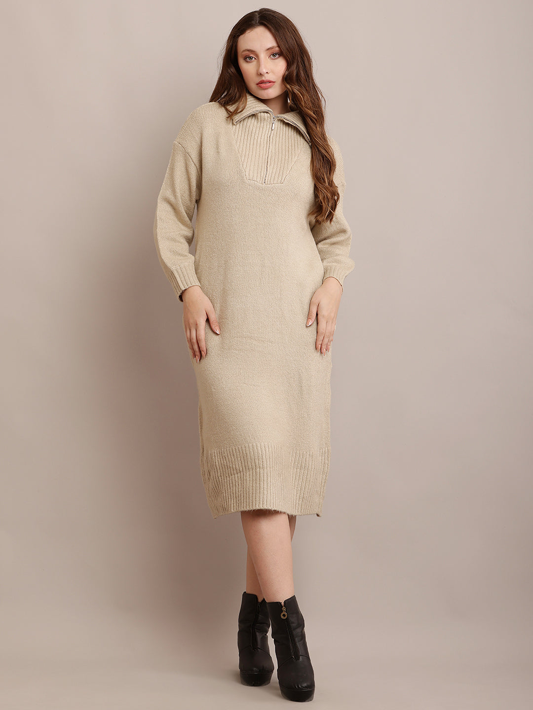 Acrylic shirt Collar Sweater Dress Zip Detail Drop Shoulder Beige