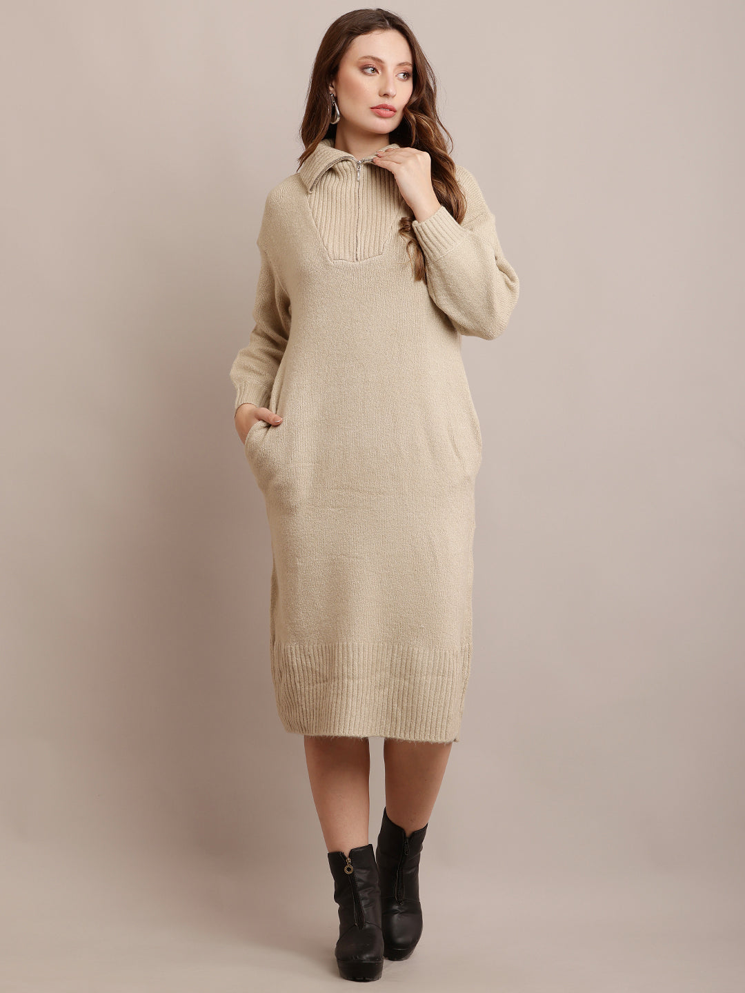 Acrylic shirt Collar Sweater Dress Zip Detail Drop Shoulder Beige