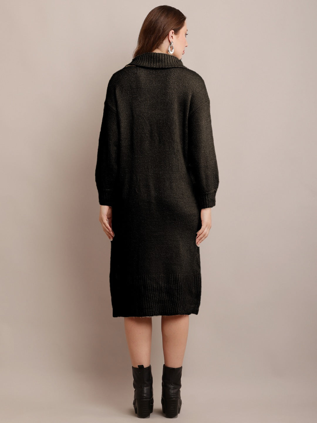 Acrylic shirt Collar Sweater Dress Zip Detail Drop Shoulder Black
