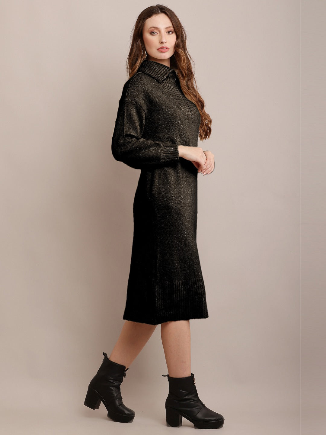 Acrylic shirt Collar Sweater Dress Zip Detail Drop Shoulder Black
