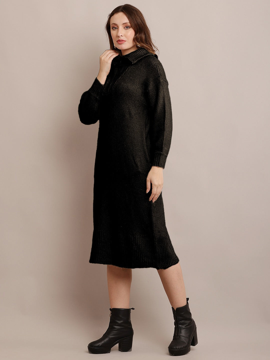 Acrylic shirt Collar Sweater Dress Zip Detail Drop Shoulder Black