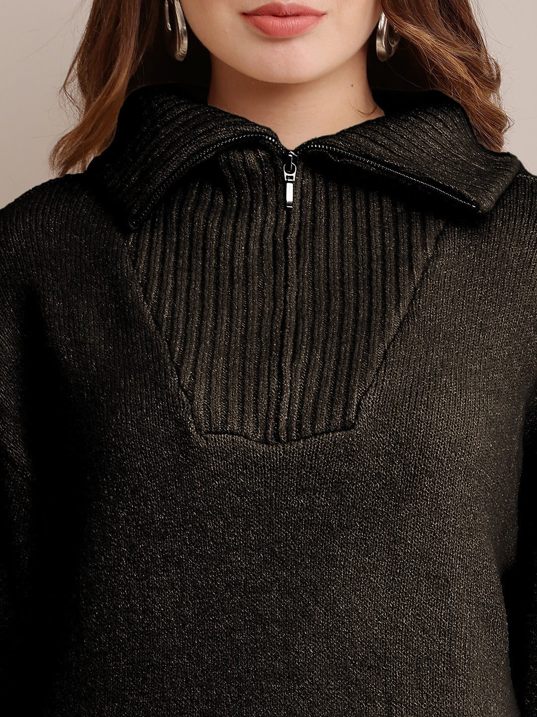 Acrylic shirt Collar Sweater Dress Zip Detail Drop Shoulder Black