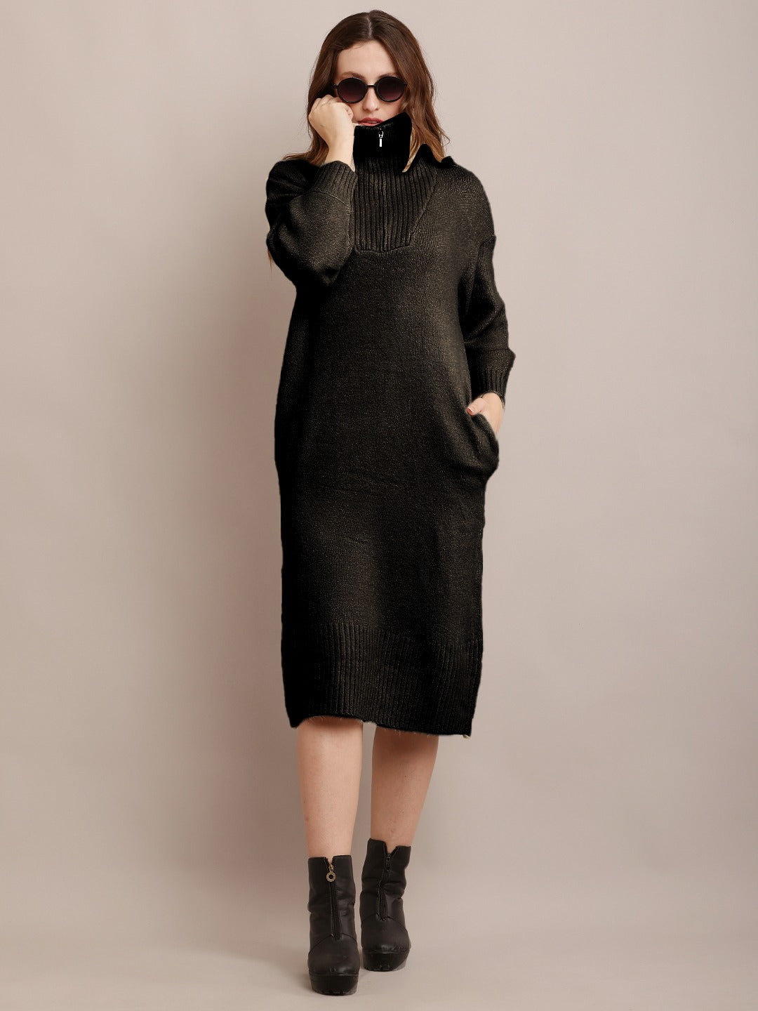 Acrylic shirt Collar Sweater Dress Zip Detail Drop Shoulder Black