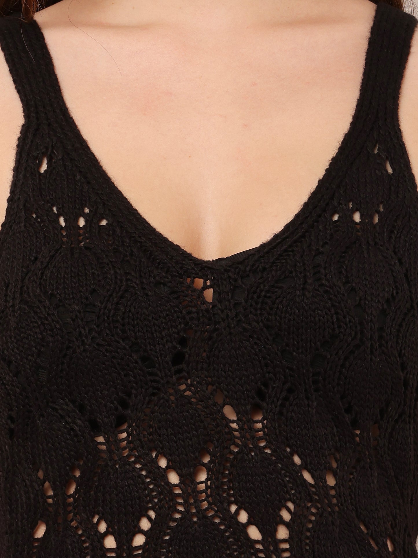 Cotton Sleeveless with V-neck Bodycon crochets Black Dress