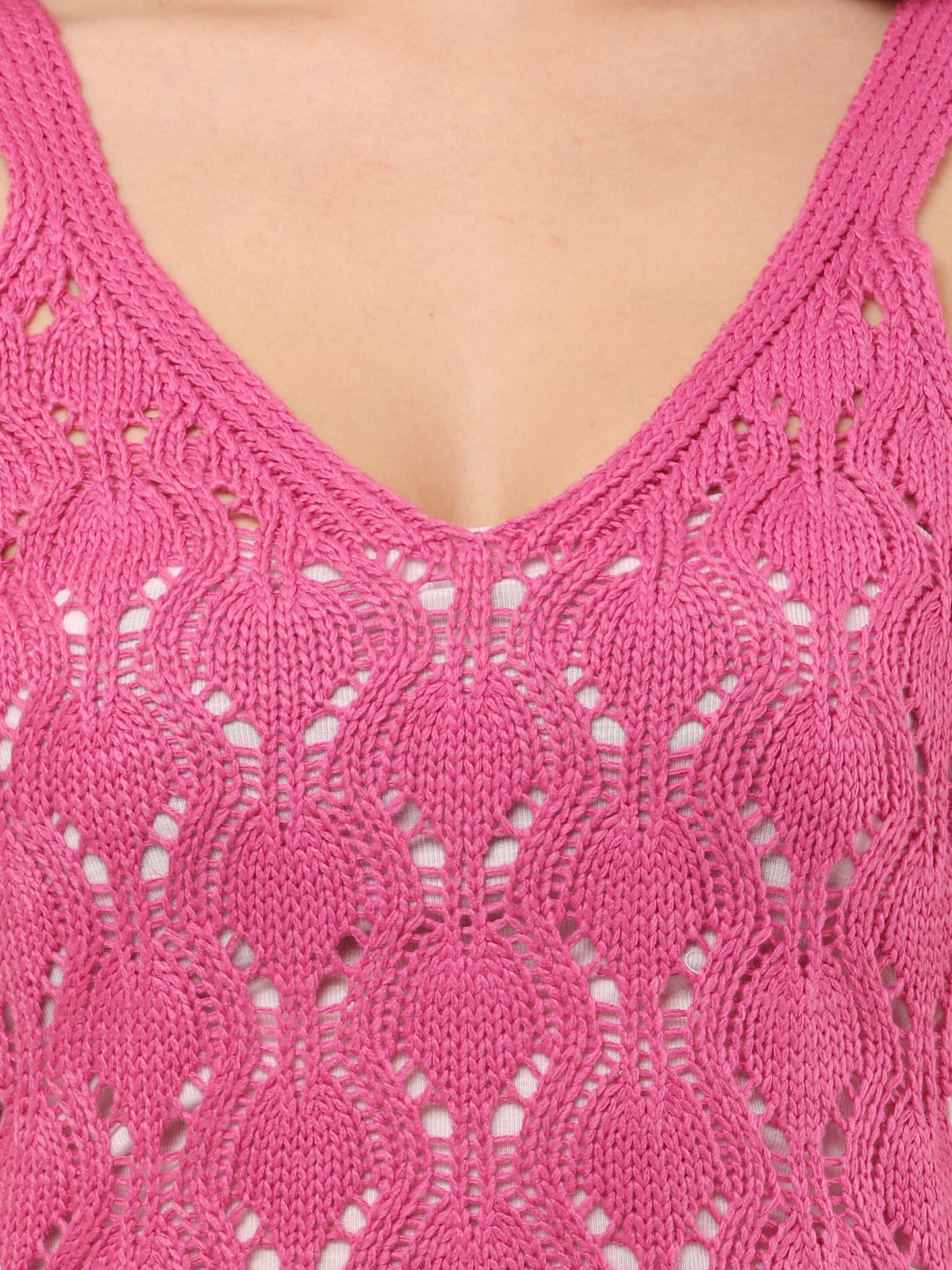 Cotton Sleeveless with V-neck Bodycon crochets Pink Dress