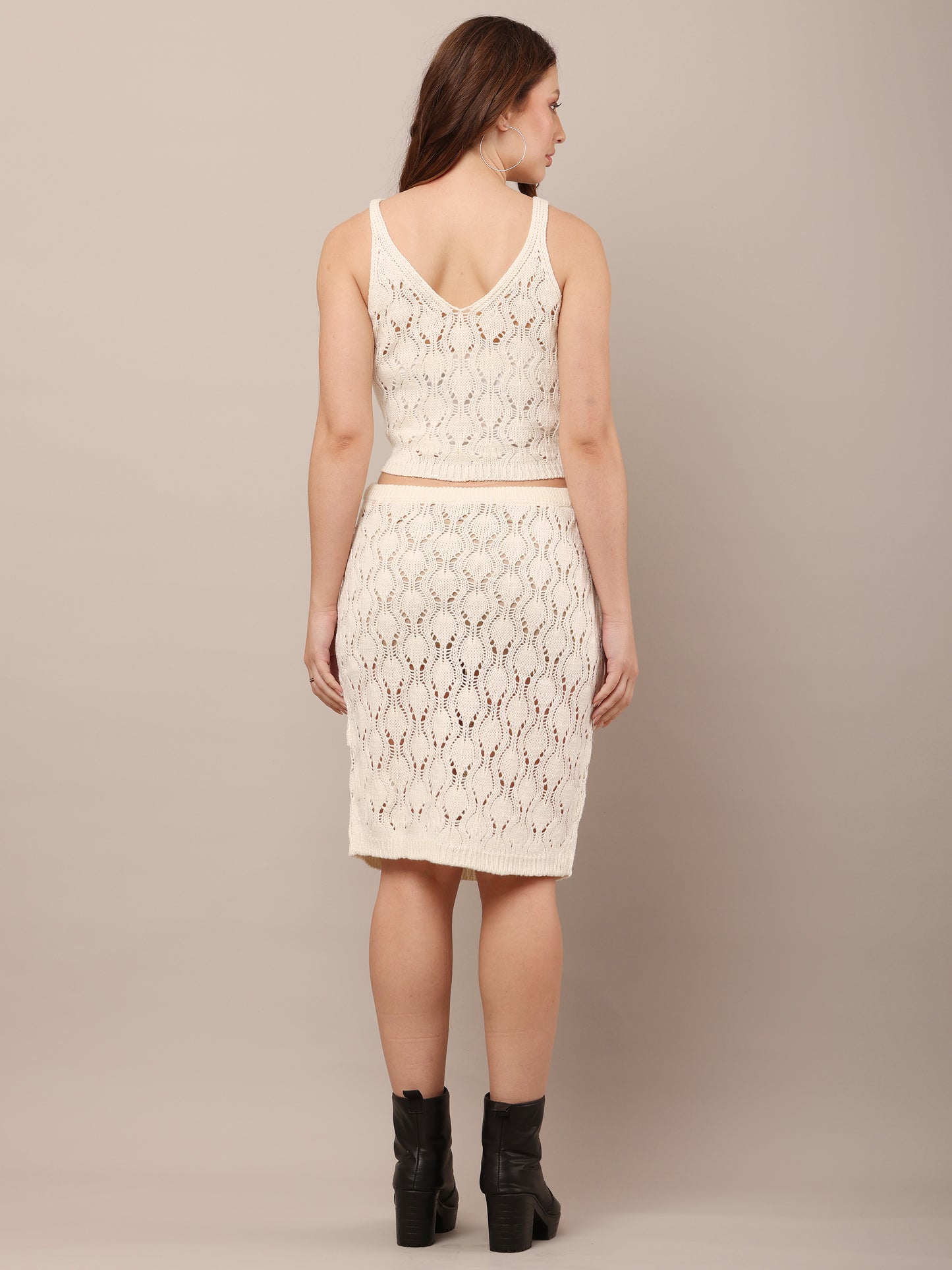 Cotton Sleeveless with V-Neck top and mini skirt Crochet White Co-Ord Set