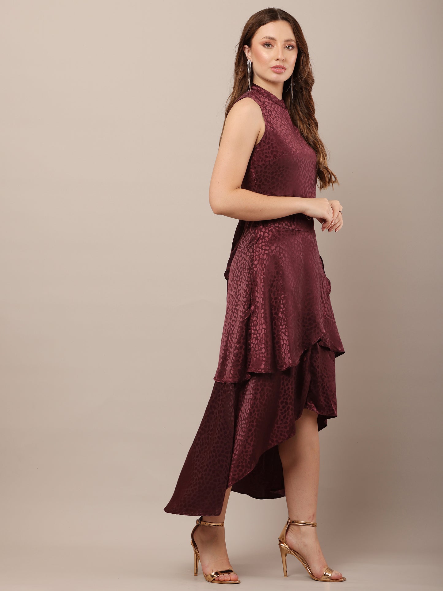 Polyester Crew Neck with Sleeveless Asymmetric high-Low Wine Dress