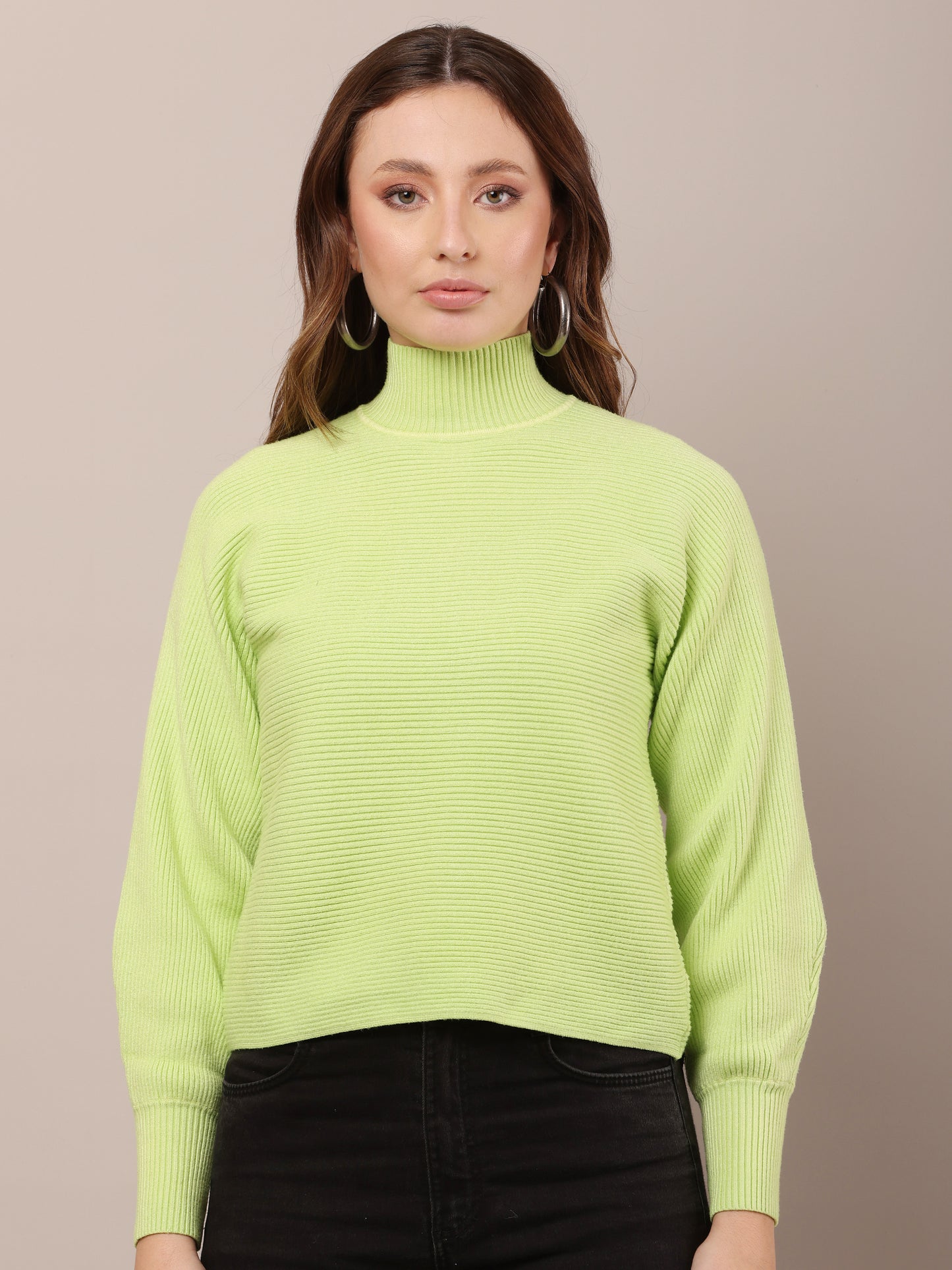 Acrylic Drop-Shoulder with full sleeve high neck green sweater