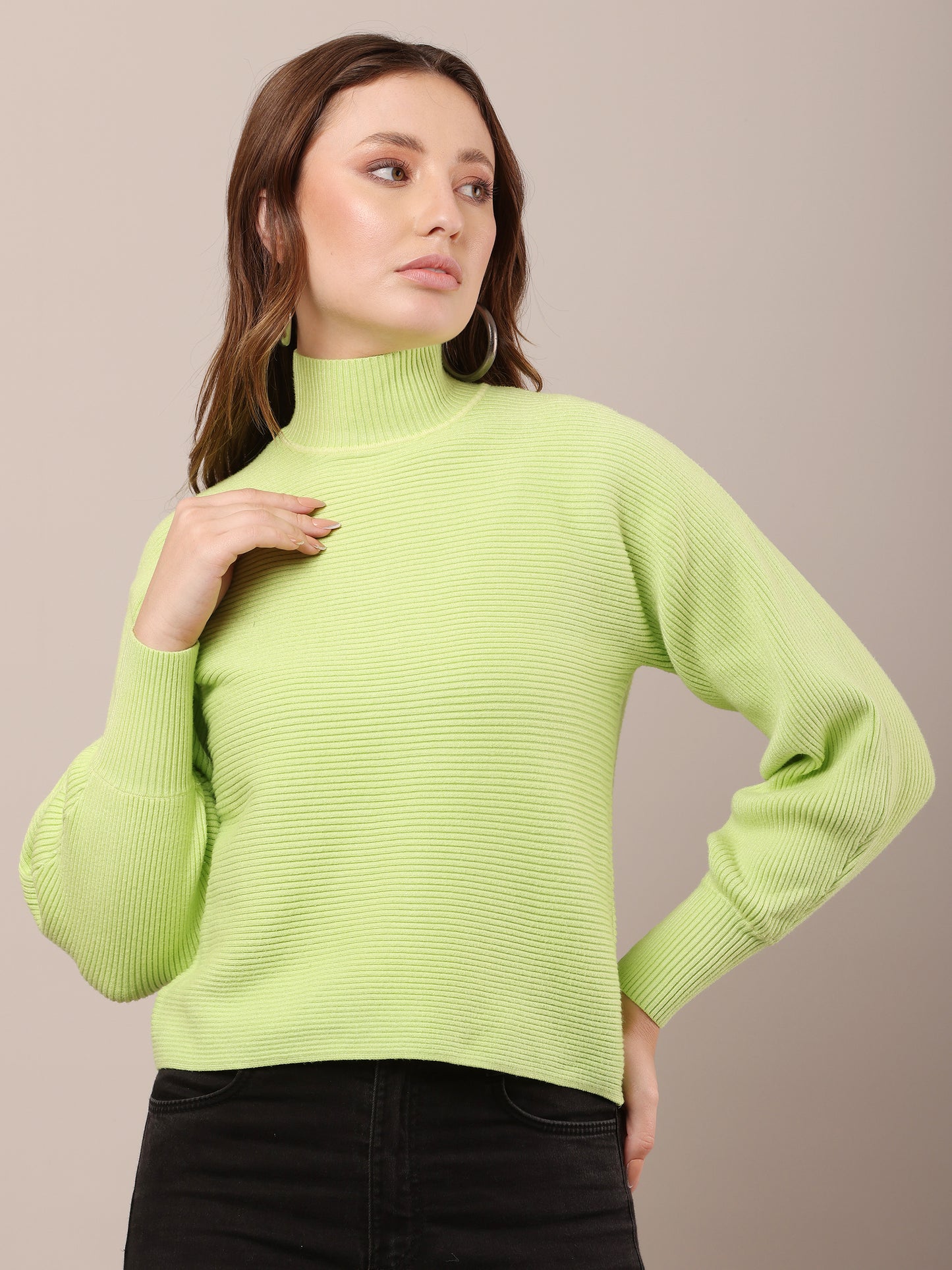 Acrylic Drop-Shoulder with full sleeve high neck green sweater