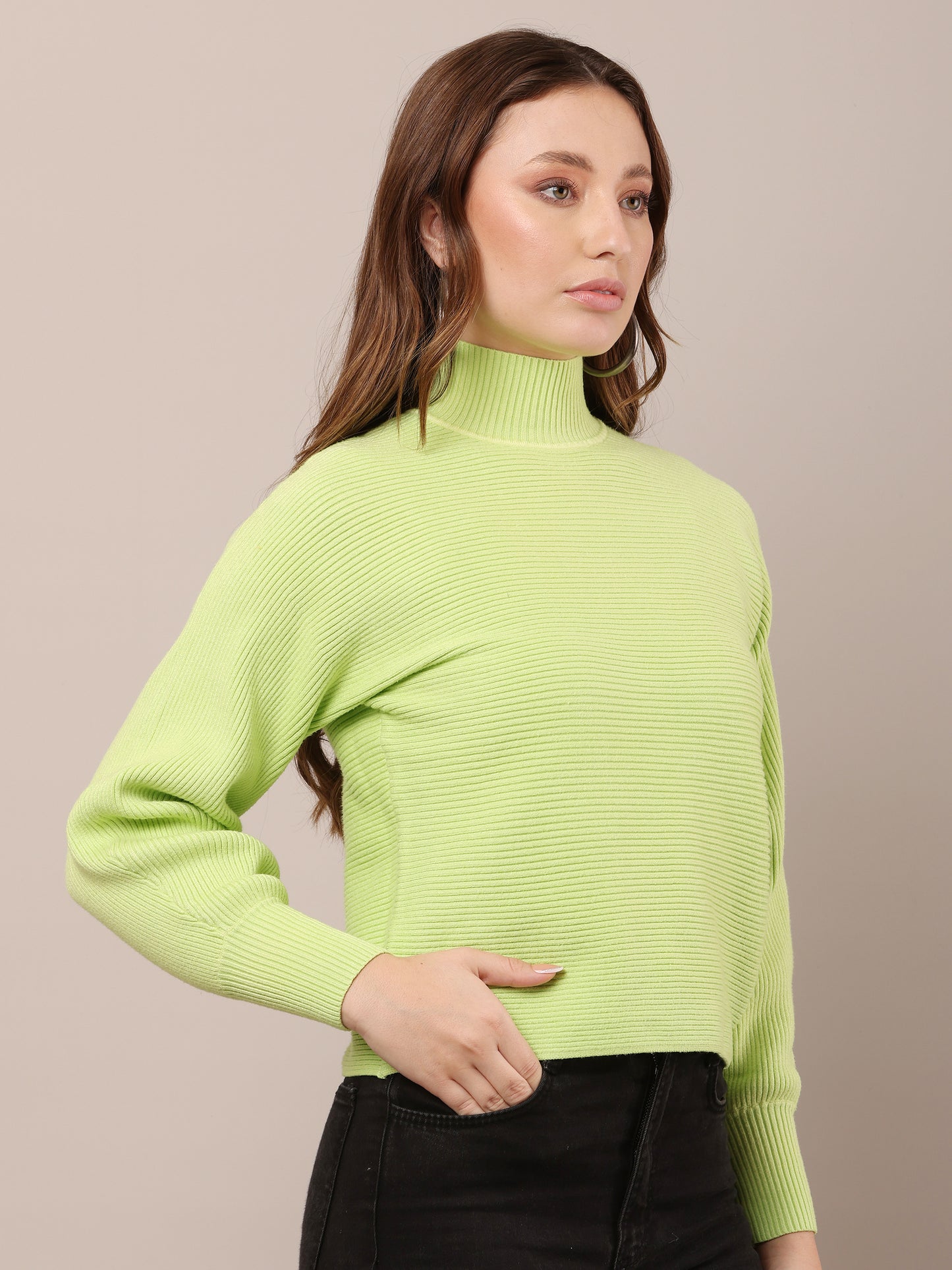 Acrylic Drop-Shoulder with full sleeve high neck green sweater