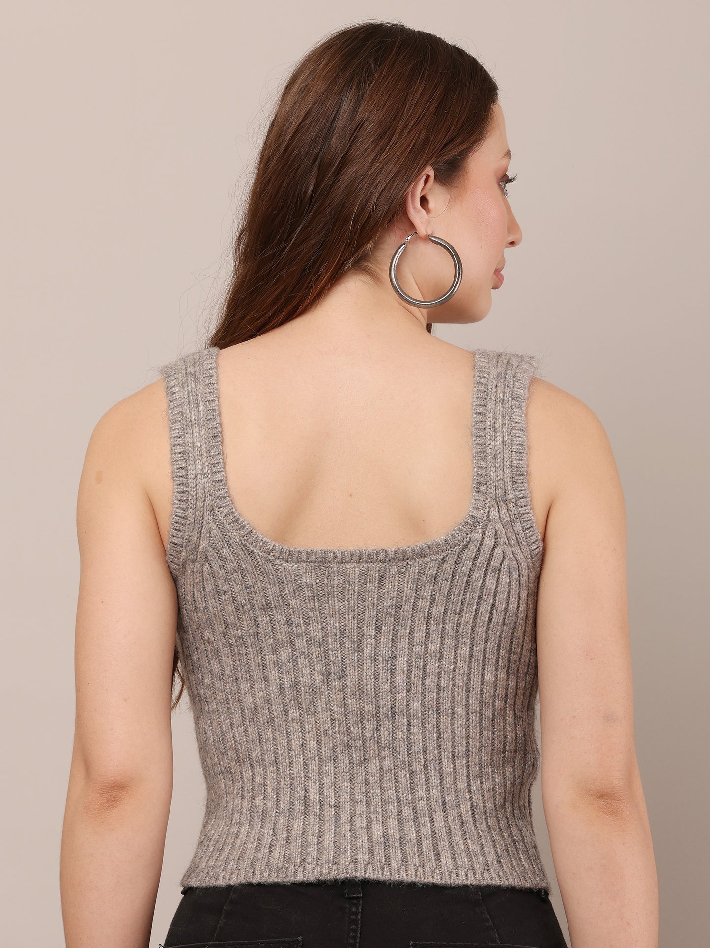 Acrylic Sleeveless with Square Neck Grey Crop Top