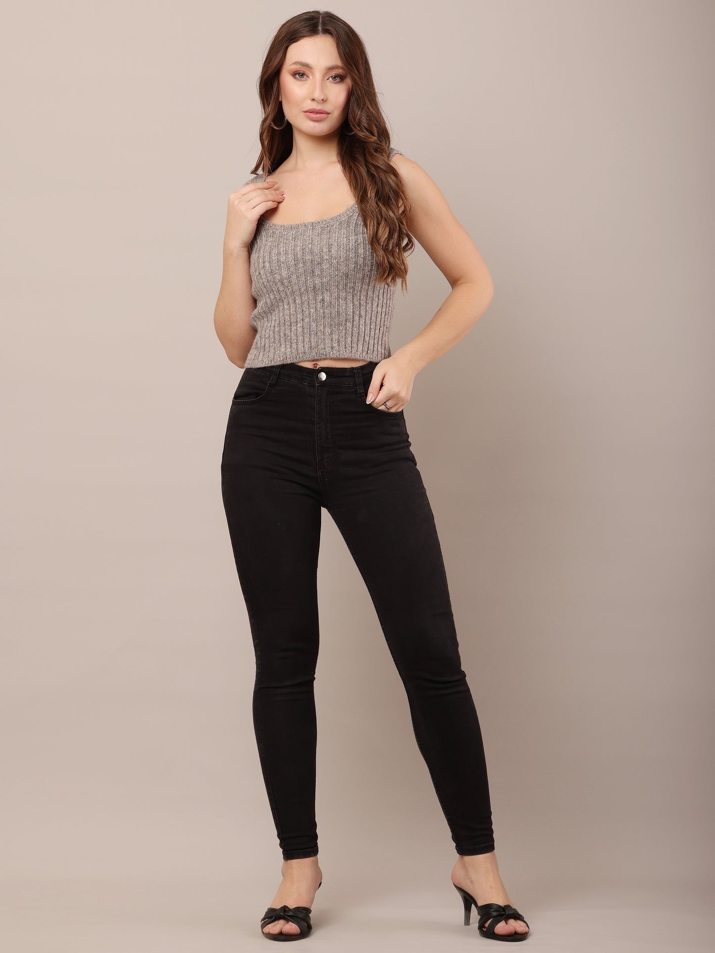 Acrylic Sleeveless with Square Neck Grey Crop Top