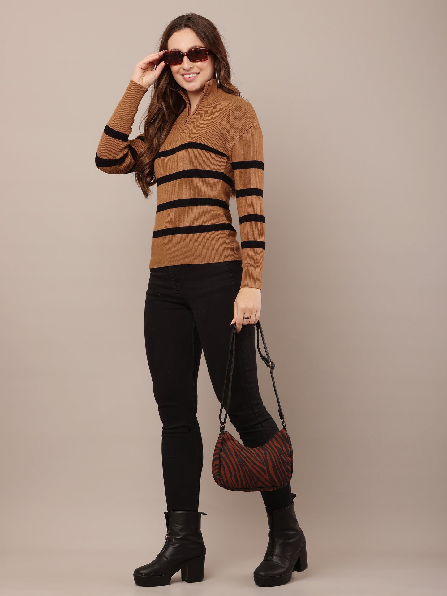 Viscose Full Sleeve Brown and Black Striped Quarter-Zip Sweater