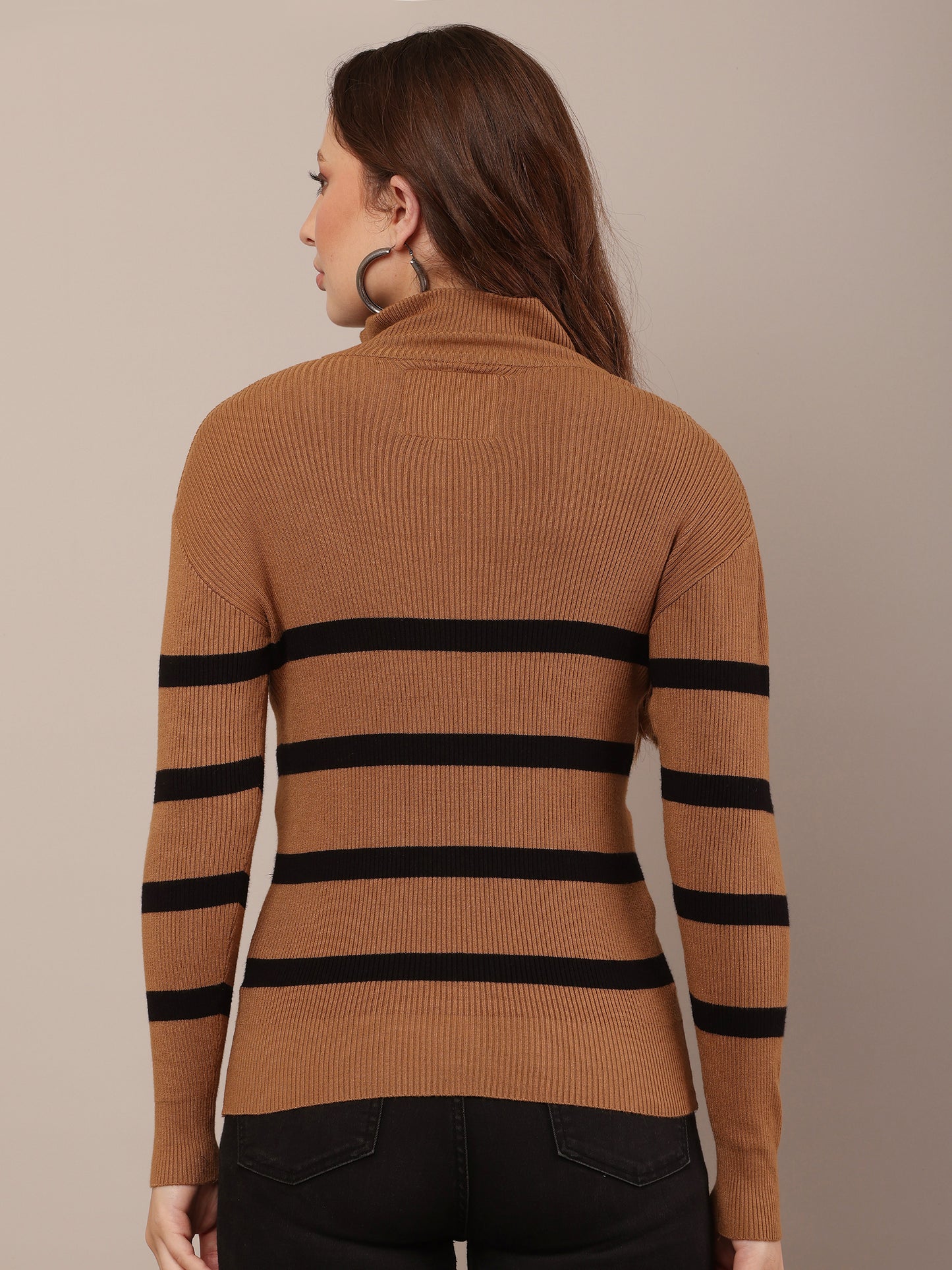 Viscose Full Sleeve Brown and Black Striped Quarter-Zip Sweater
