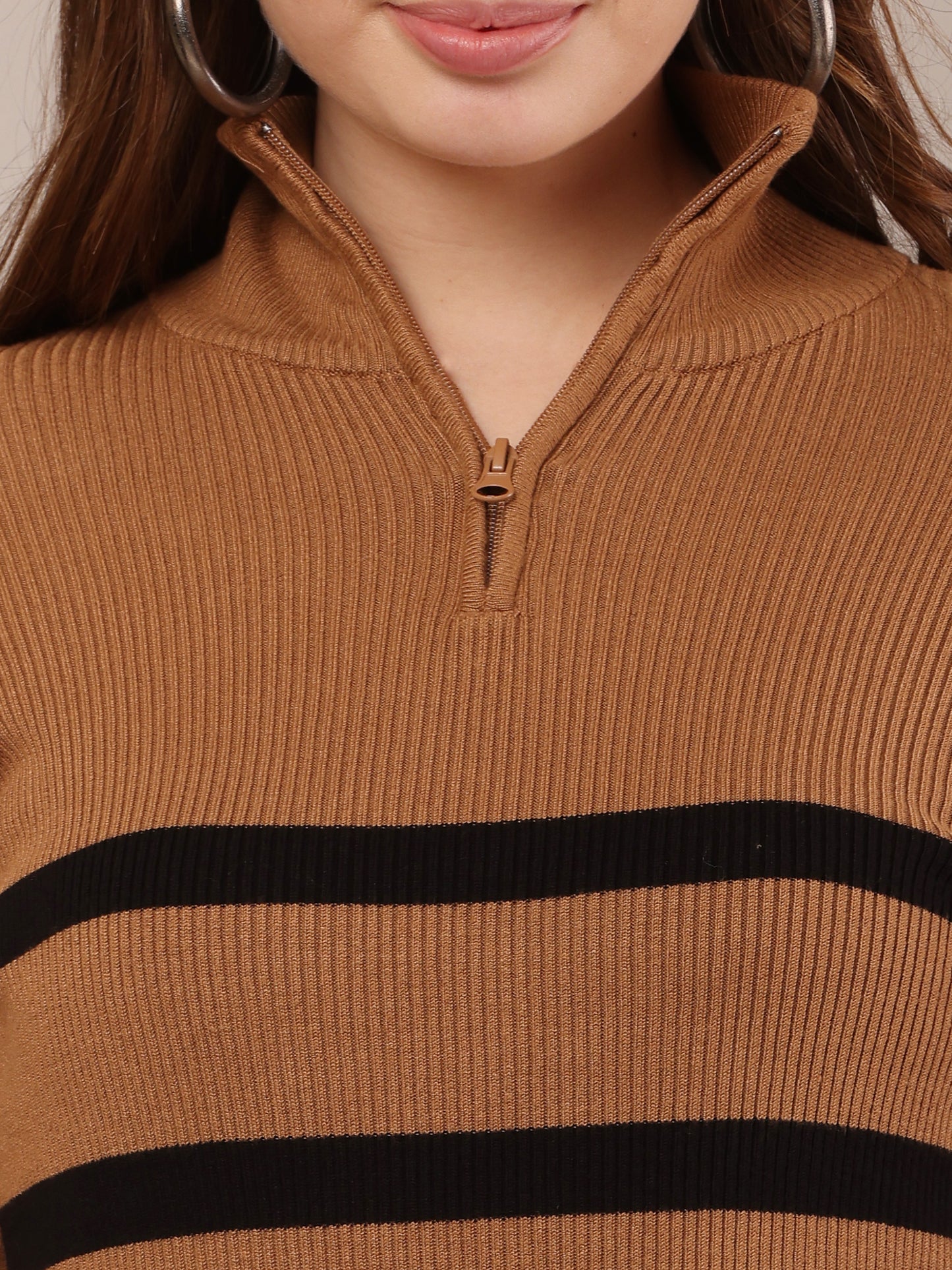 Viscose Full Sleeve Brown and Black Striped Quarter-Zip Sweater