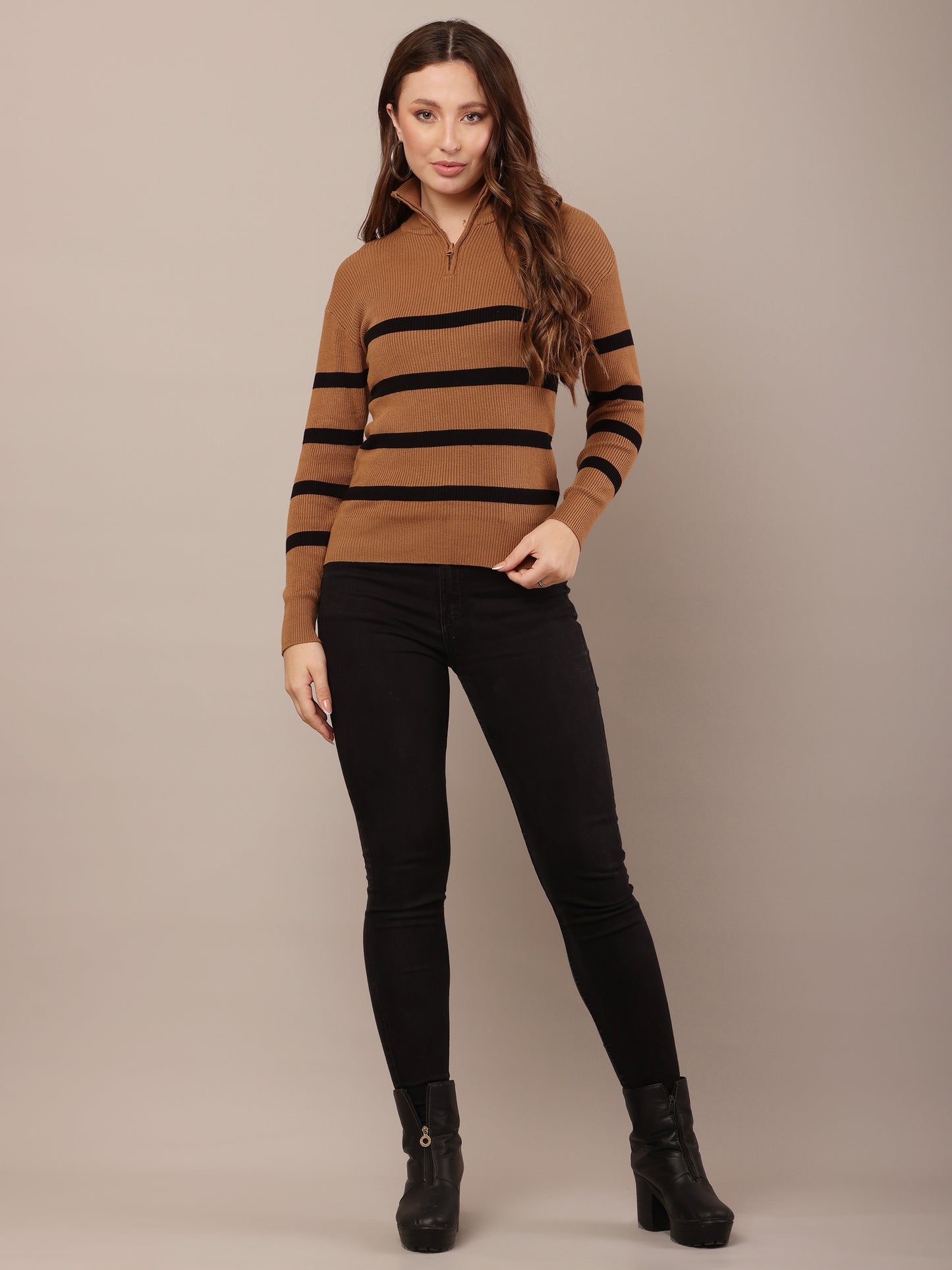 Viscose Full Sleeve Brown and Black Striped Quarter-Zip Sweater