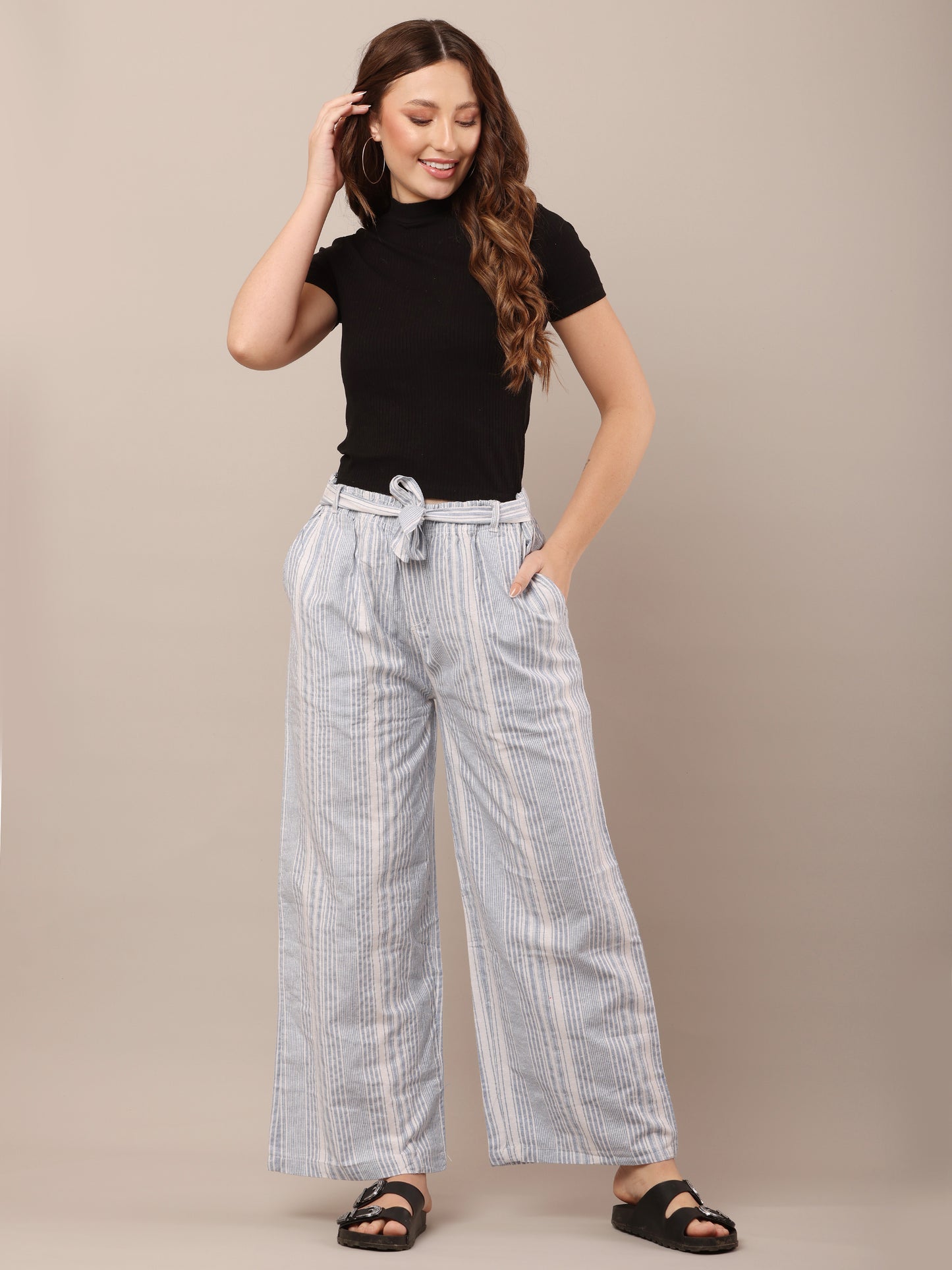 Cotton Blue and White Striped Parallel Pants