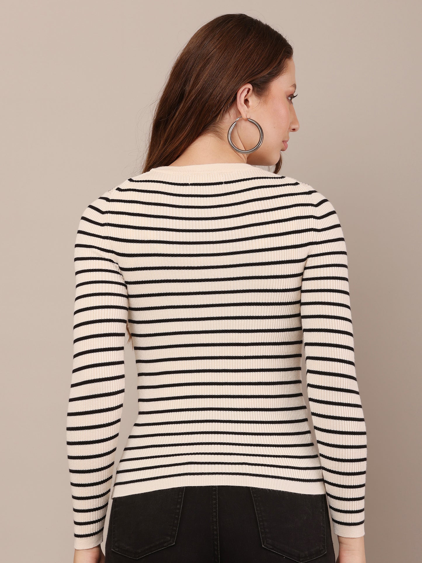 Viscose Full Sleeve with Round Neck stretchable Striped Black and white Sweater