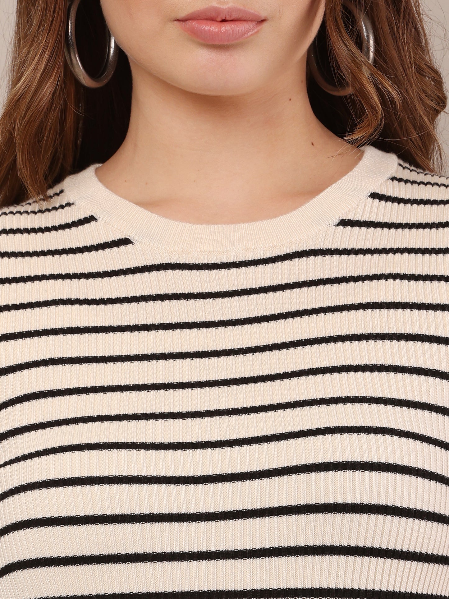 Viscose Full Sleeve with Round Neck stretchable Striped Black and white Sweater