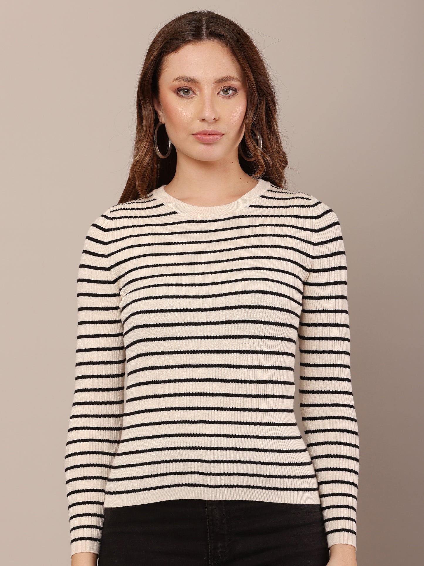 Viscose Full Sleeve with Round Neck stretchable Striped Black and white Sweater