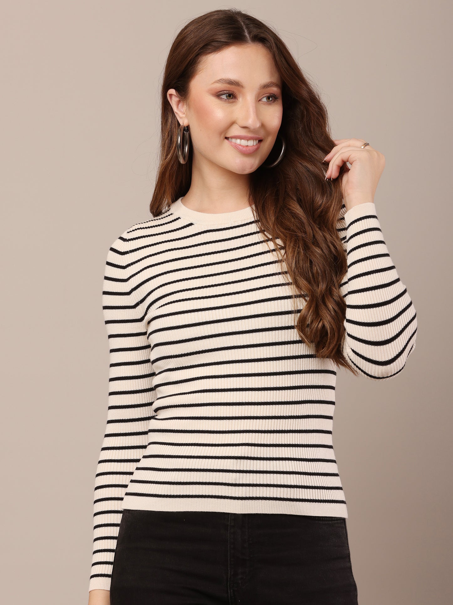 Viscose Full Sleeve with Round Neck stretchable Striped Black and white Sweater