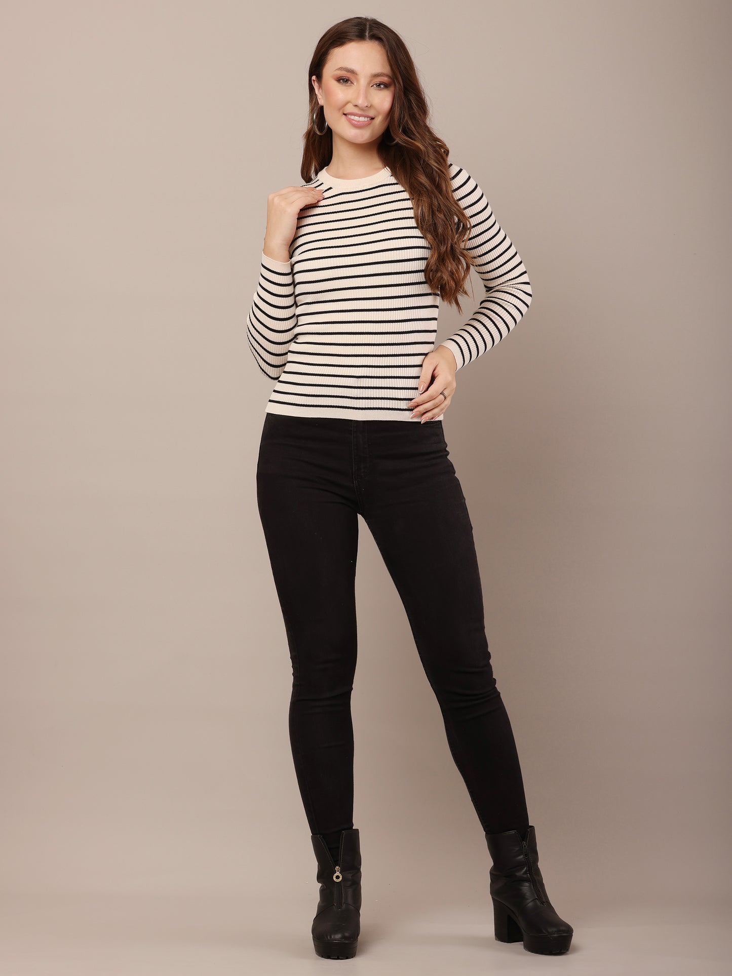 Viscose Full Sleeve with Round Neck stretchable Striped Black and white Sweater