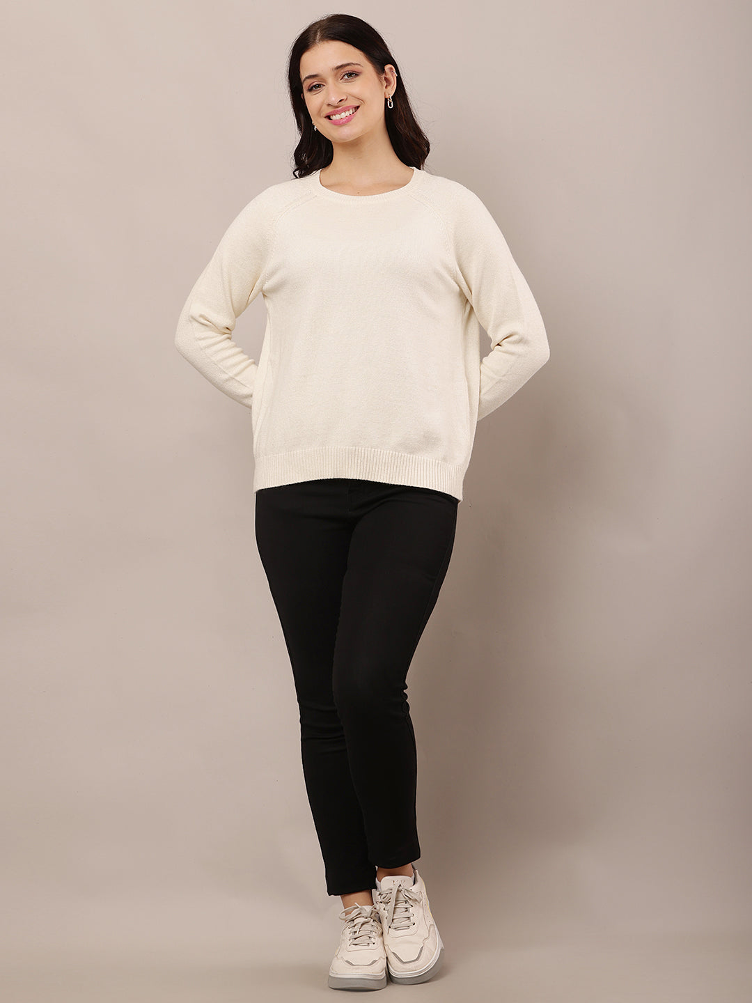 Polyester Full Sleeve with Round Neck Cream Sweater