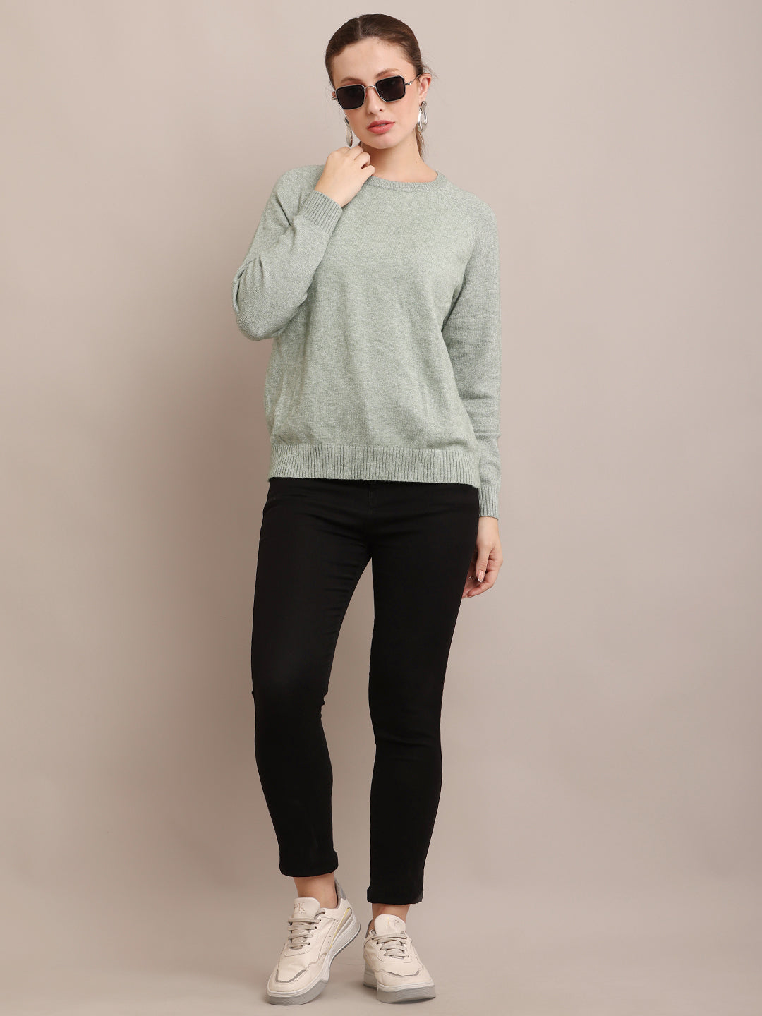 Polyester Full Sleeve with Round Neck Light Green Sweater
