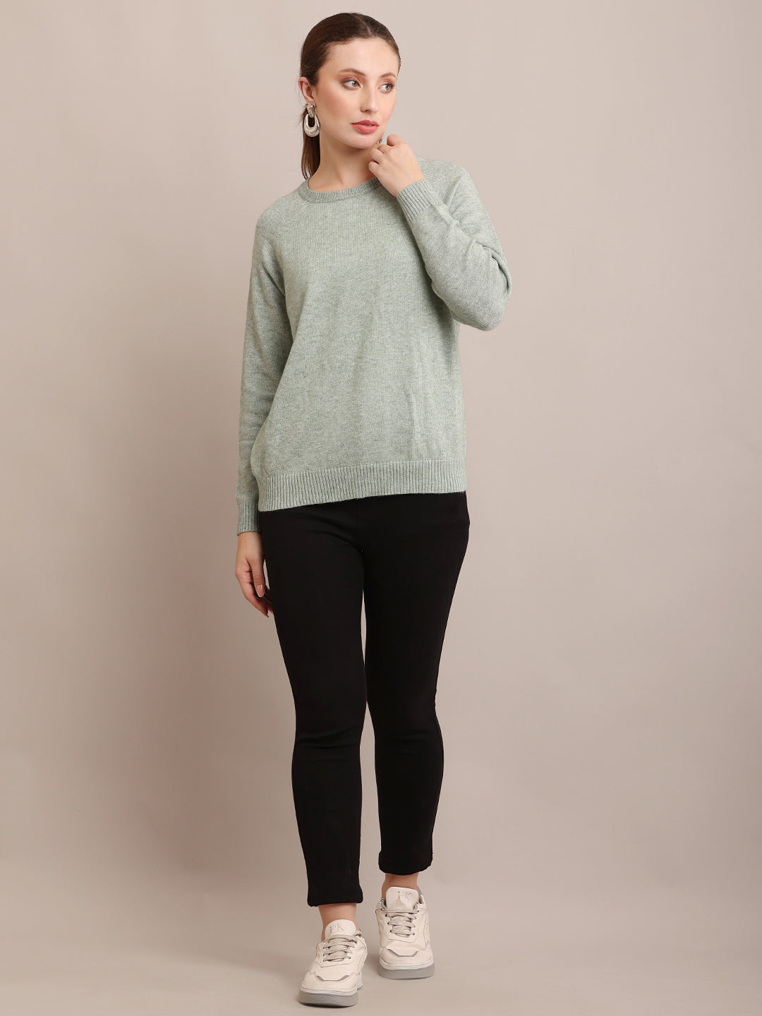 Polyester Full Sleeve with Round Neck Light Green Sweater