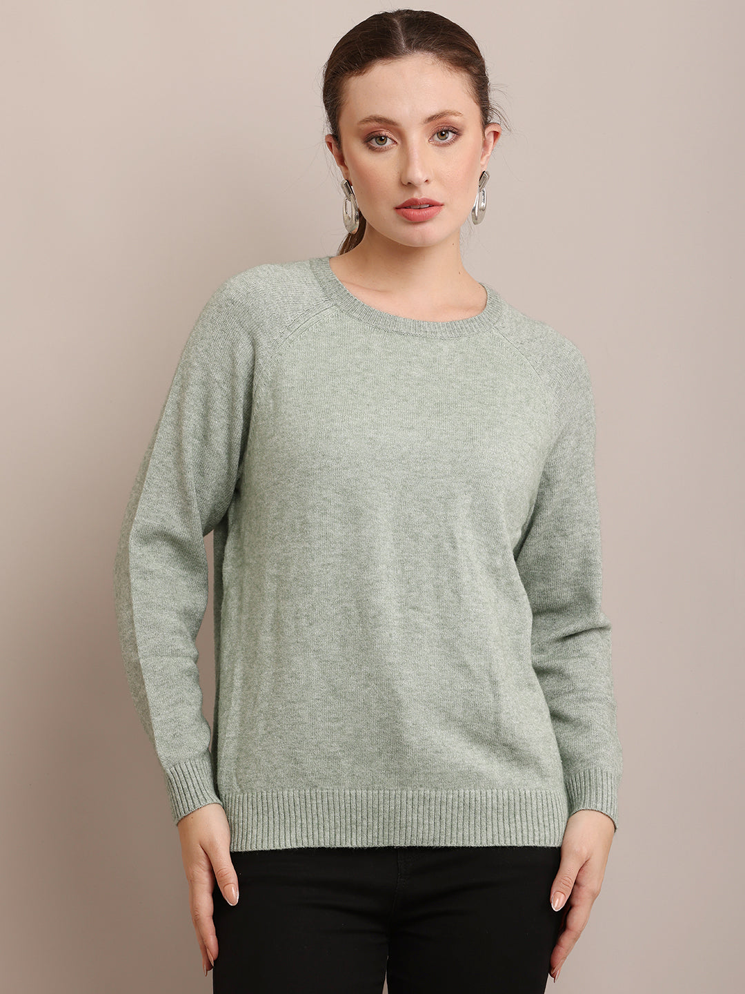 Polyester Full Sleeve with Round Neck Light Green Sweater