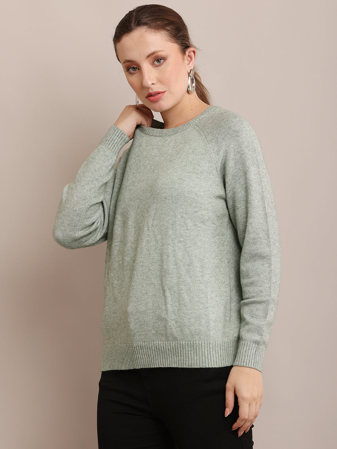 Polyester Full Sleeve with Round Neck Light Green Sweater